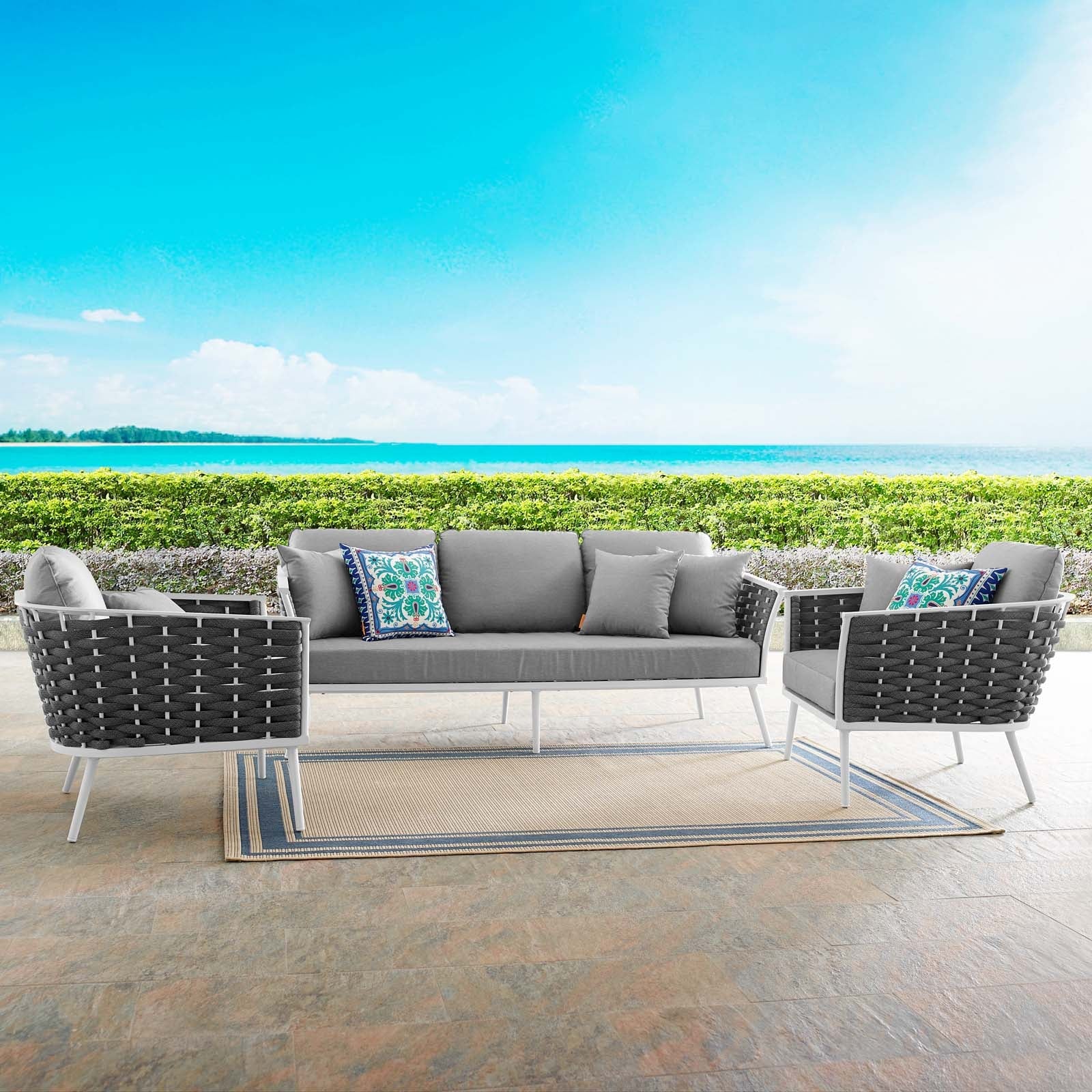 Stance 3 Piece Outdoor Patio Aluminum Sectional Sofa Set in White Gray