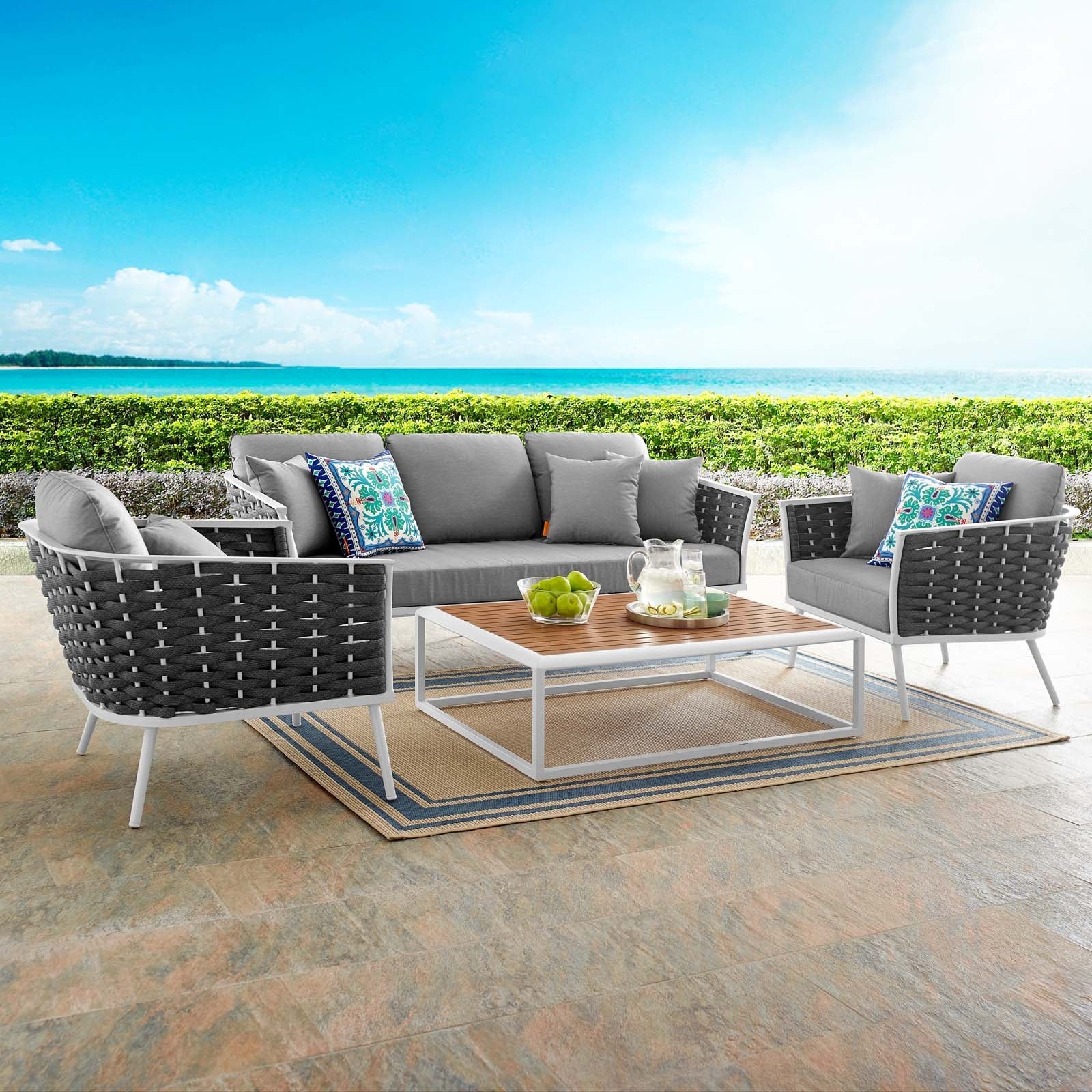 Stance 4 Piece Outdoor Patio Aluminum Sectional Sofa Set in White Gray
