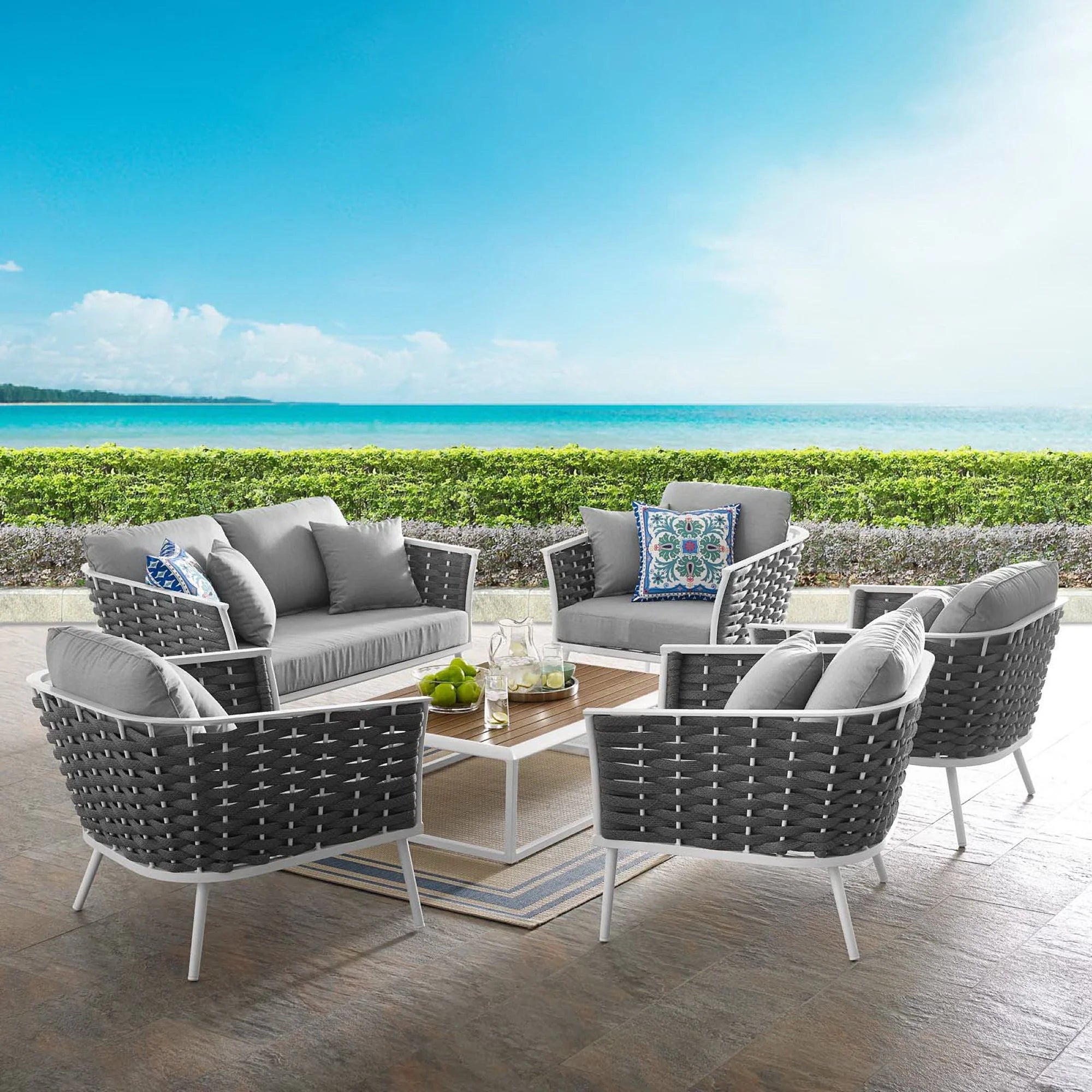 Stance 6 Piece Outdoor Aluminum Sectional Sofa Set in White Gray