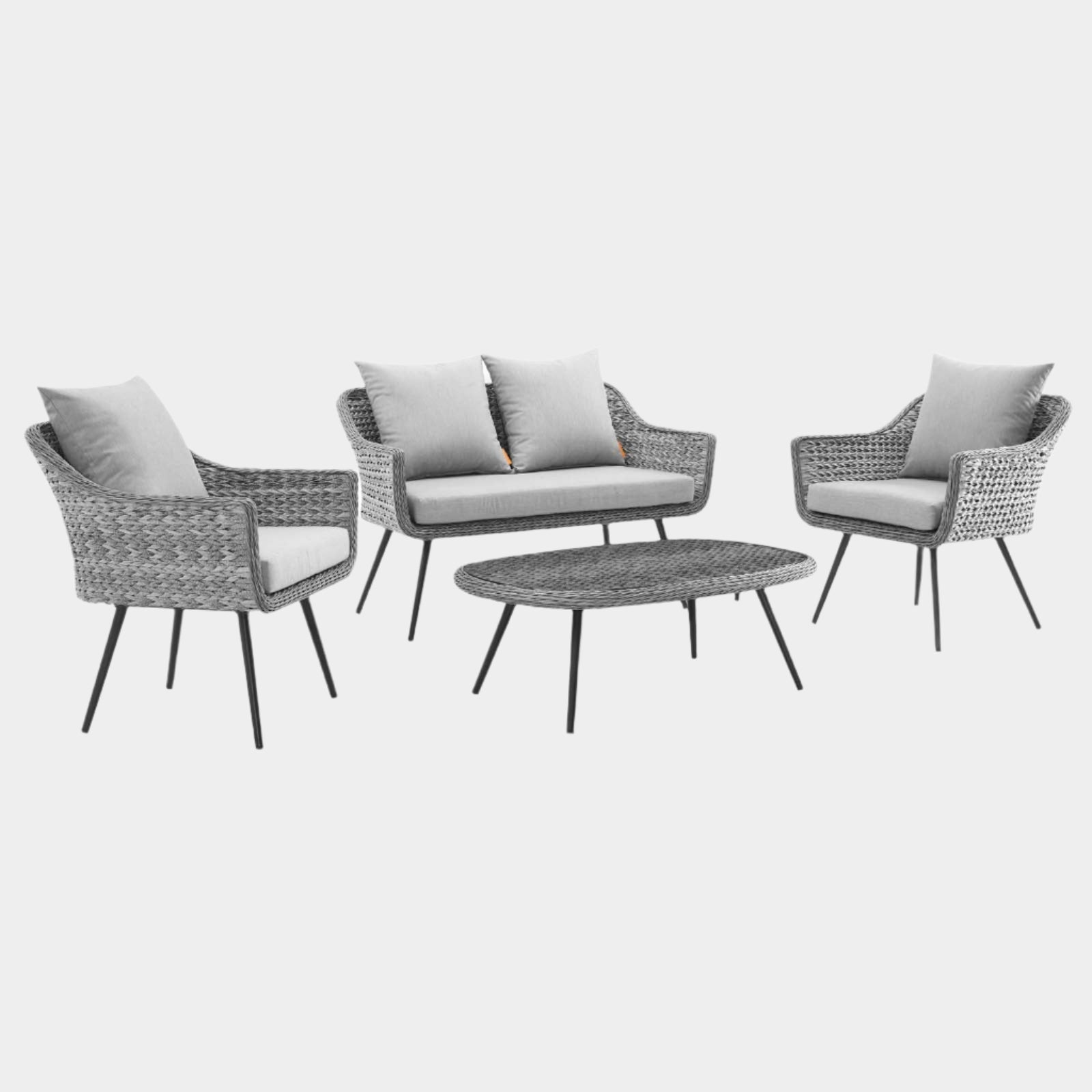 Endeavor 4 Piece Outdoor Patio Wicker Rattan Loveseat Armchair and Coffee Table Set in Gray Gray