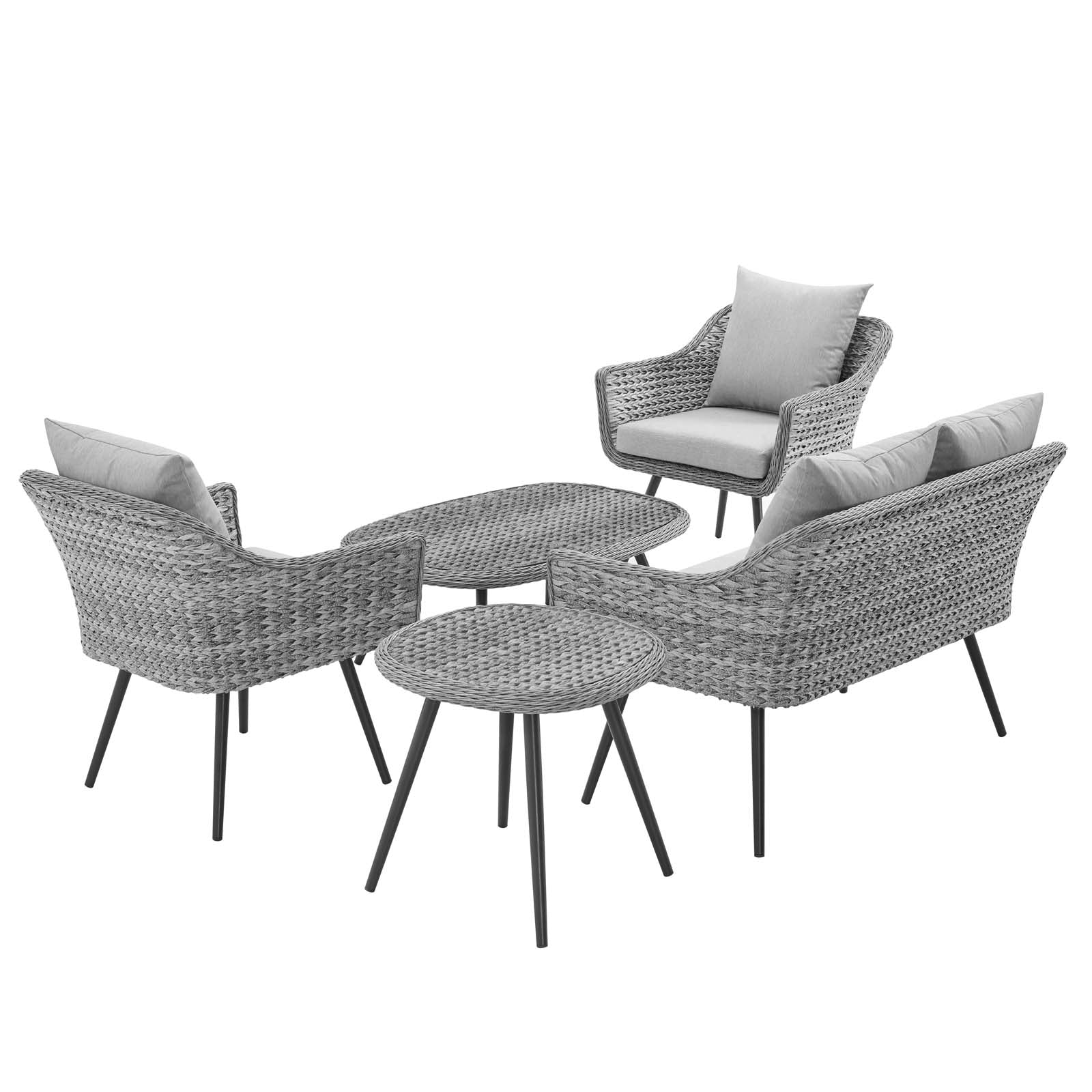 Endeavor 5 Piece Outdoor Patio Wicker Rattan Loveseat Armchair Coffee + Side Table Set in Gray Gray