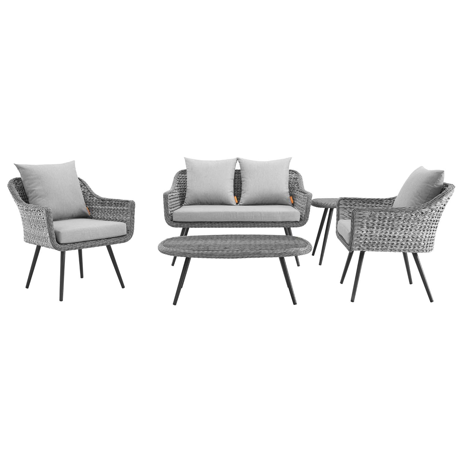 Endeavor 5 Piece Outdoor Patio Wicker Rattan Loveseat Armchair Coffee + Side Table Set in Gray Gray