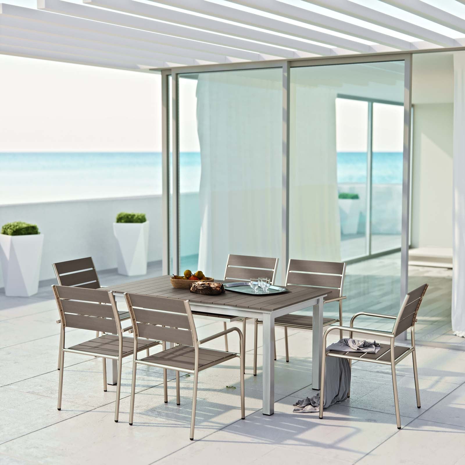 Shore 7 Piece Outdoor Patio Aluminum Dining Set in Silver Gray