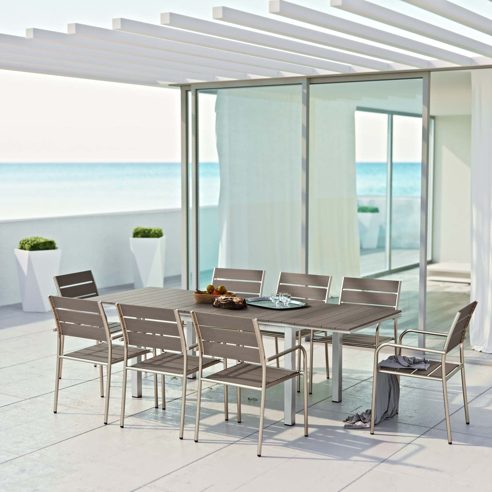 Shore 9 Piece Outdoor Patio Aluminum Dining Set in Silver Gray