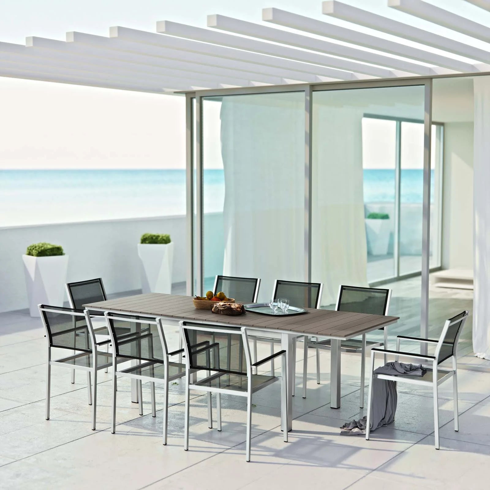 Shore 9 Piece Outdoor Patio Aluminum Dining Set in Silver Black