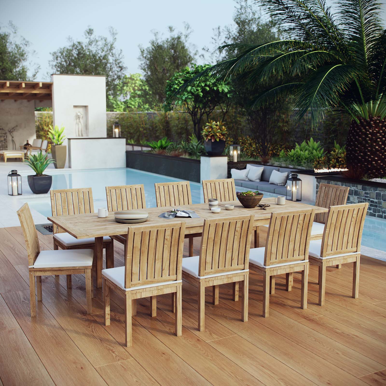 Marina 11 Piece Outdoor Patio Teak Dining Set in Natural White