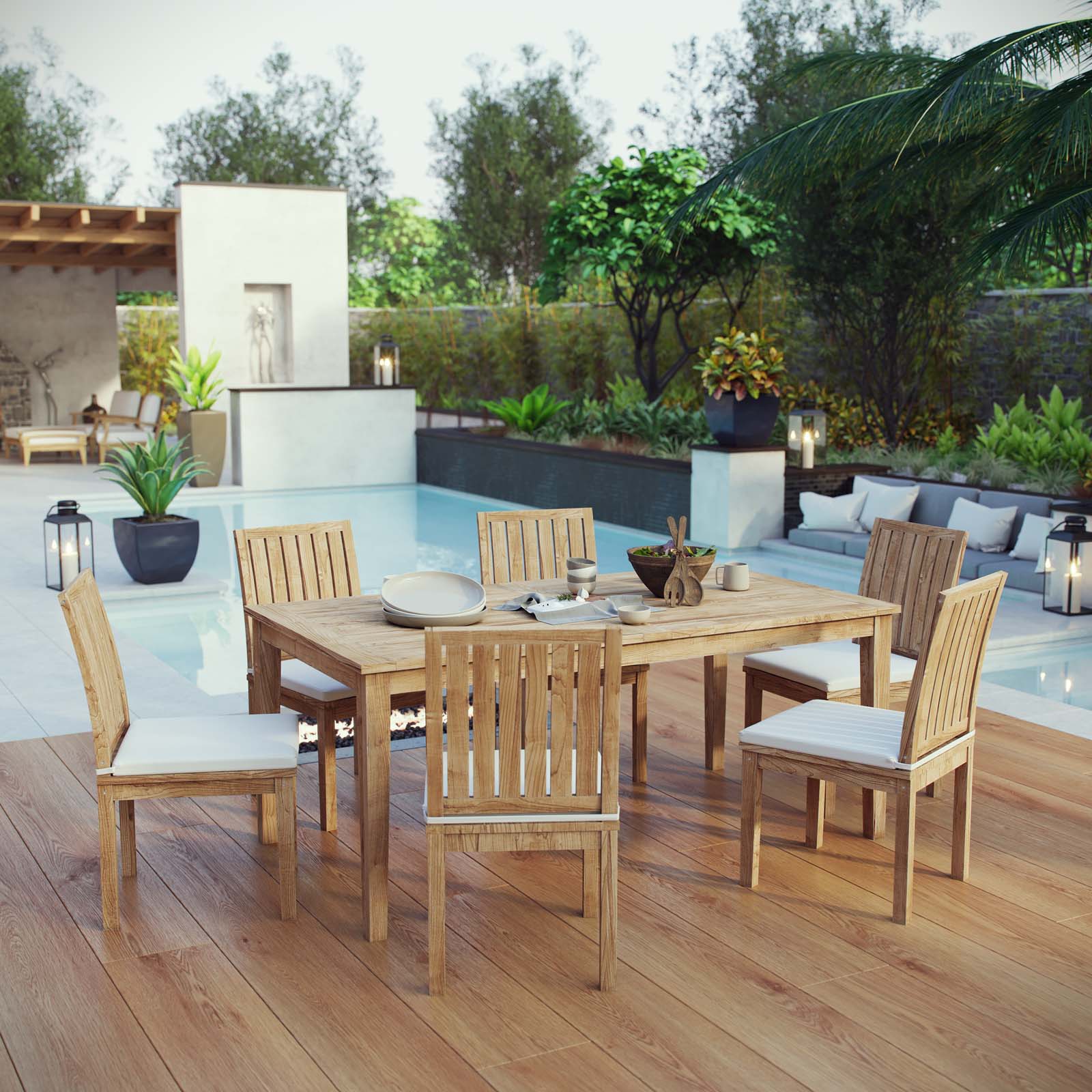 Marina 7 Piece Outdoor Patio Teak Dining Set in Natural White