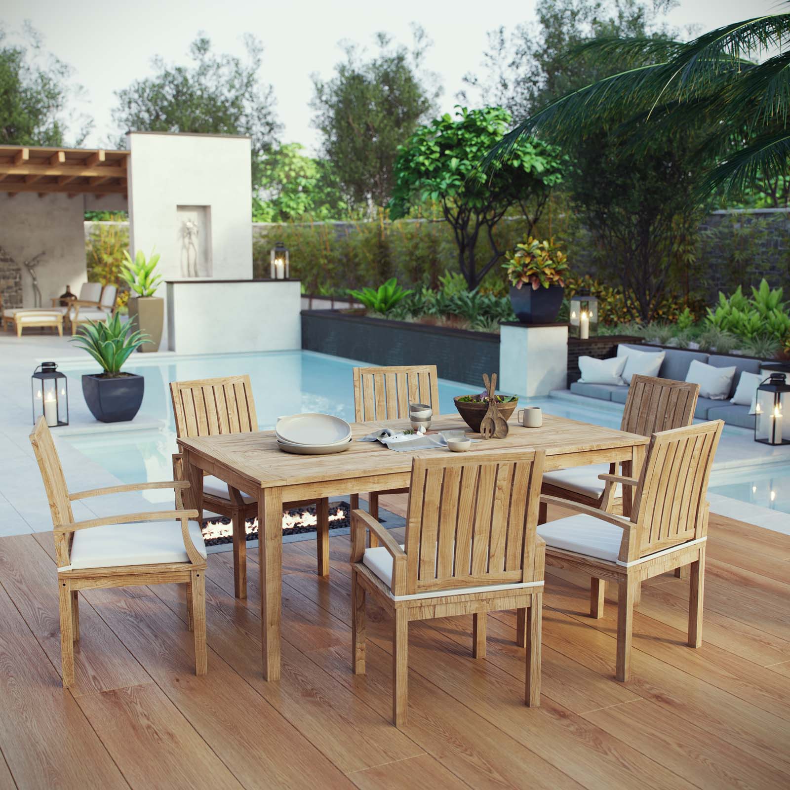 Marina 7 Piece Outdoor Patio Teak Dining Set in Natural White