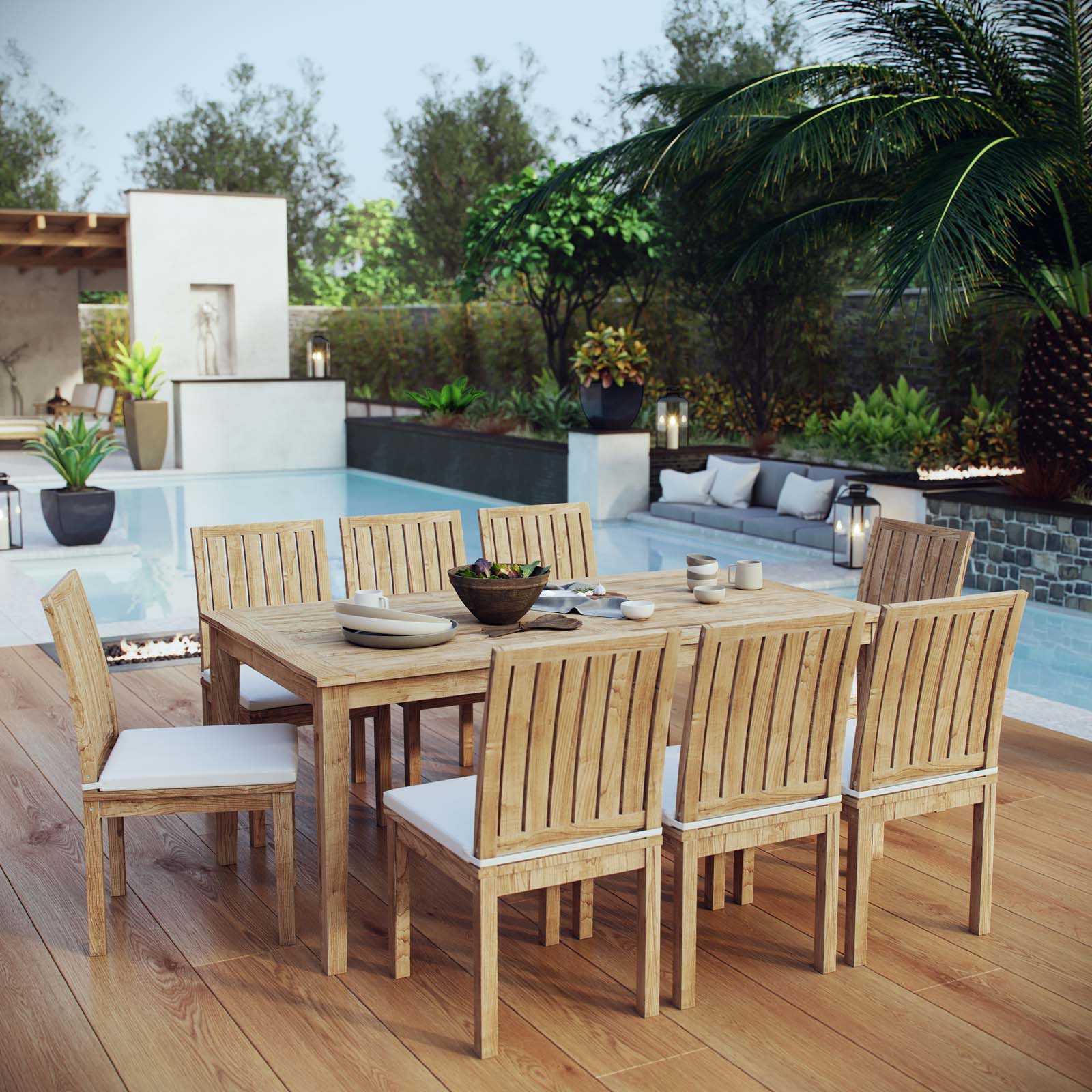 Marina 9 Piece Outdoor Patio Teak Dining Set in Natural White