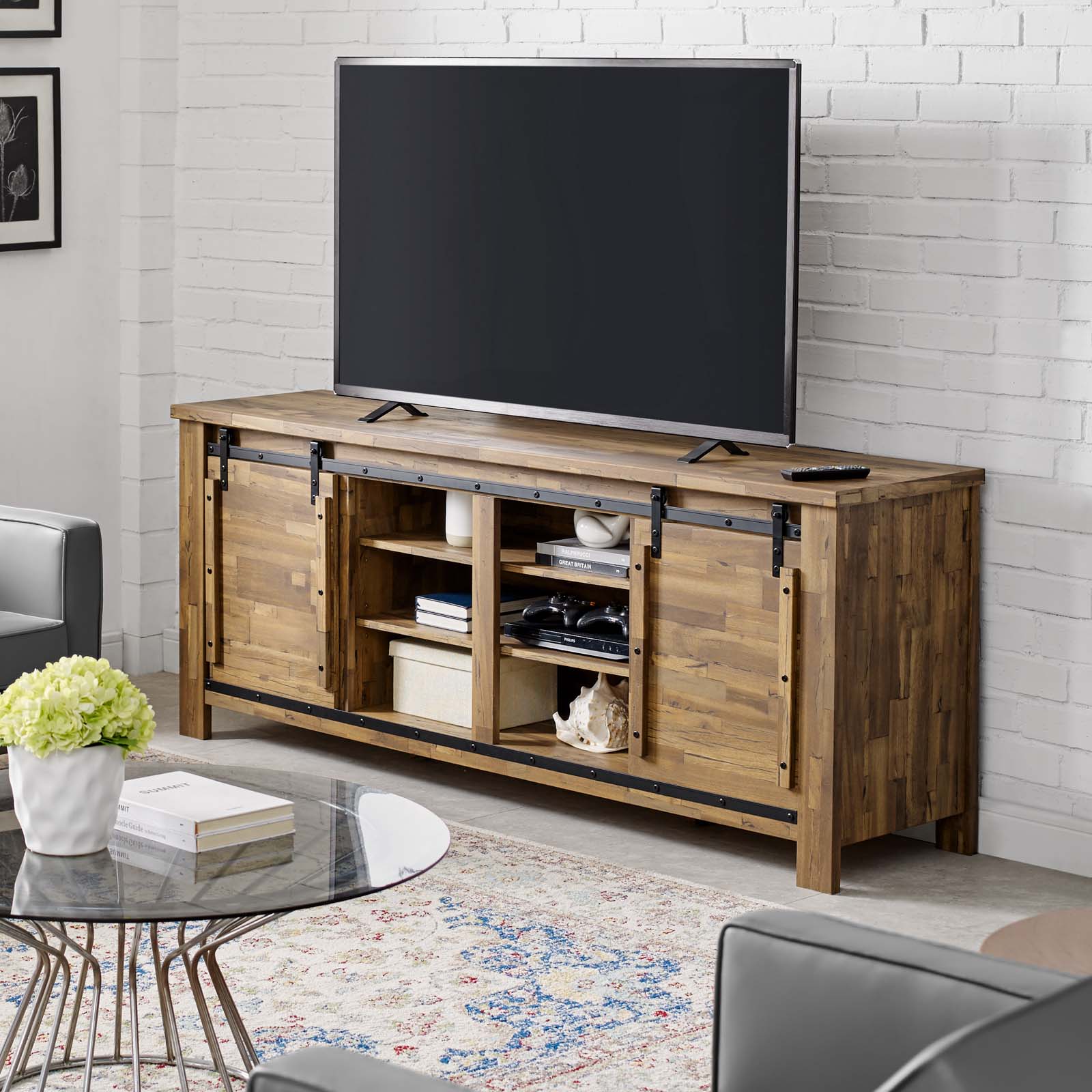 Cheshire 71" Rustic Sliding Door TV Stand in Walnut