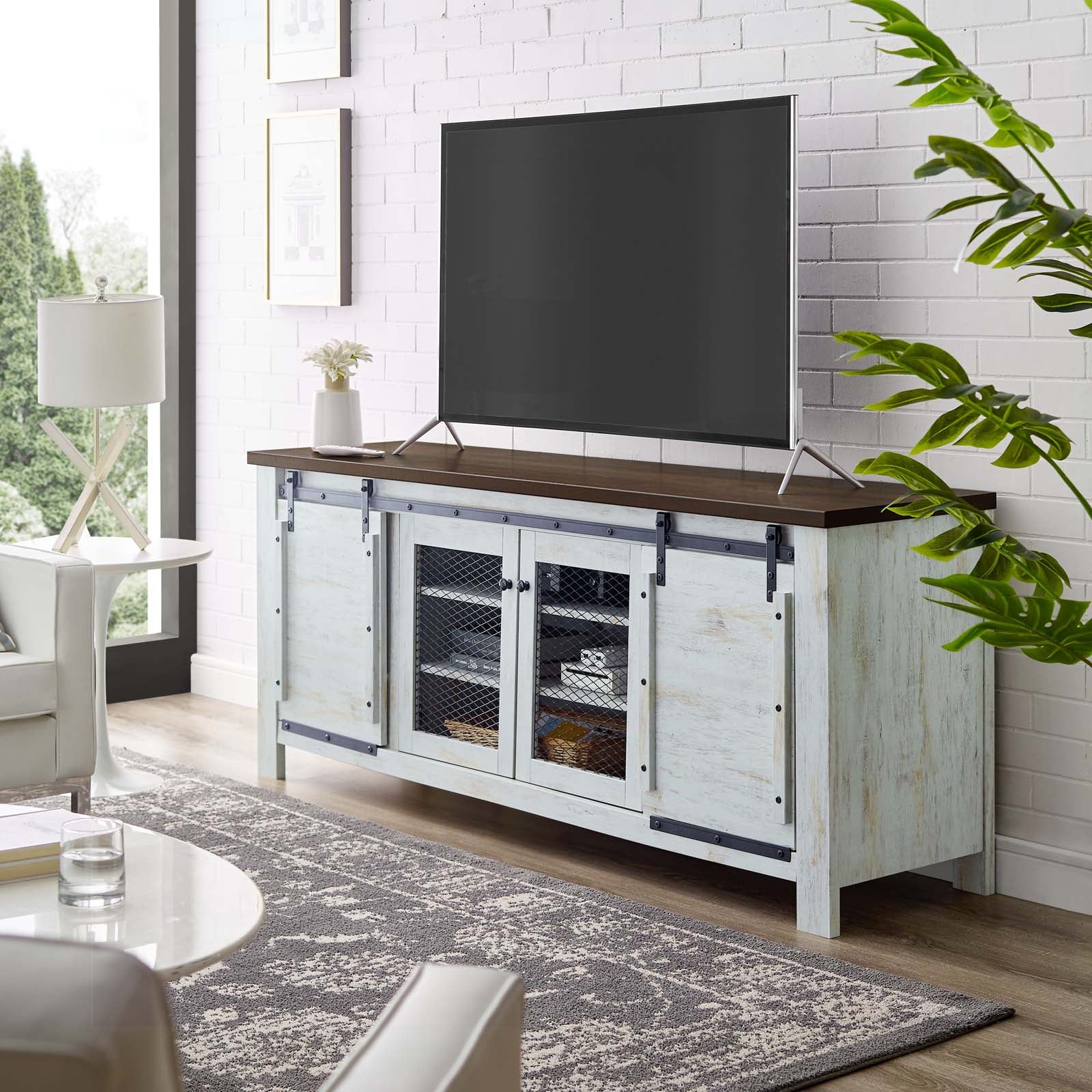 Bennington 71" Rustic Sliding Door TV Stand in White