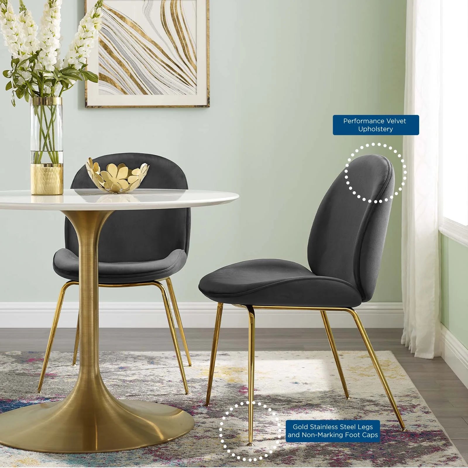 Scoop Gold Stainless Steel Leg Performance Velvet Dining Chair