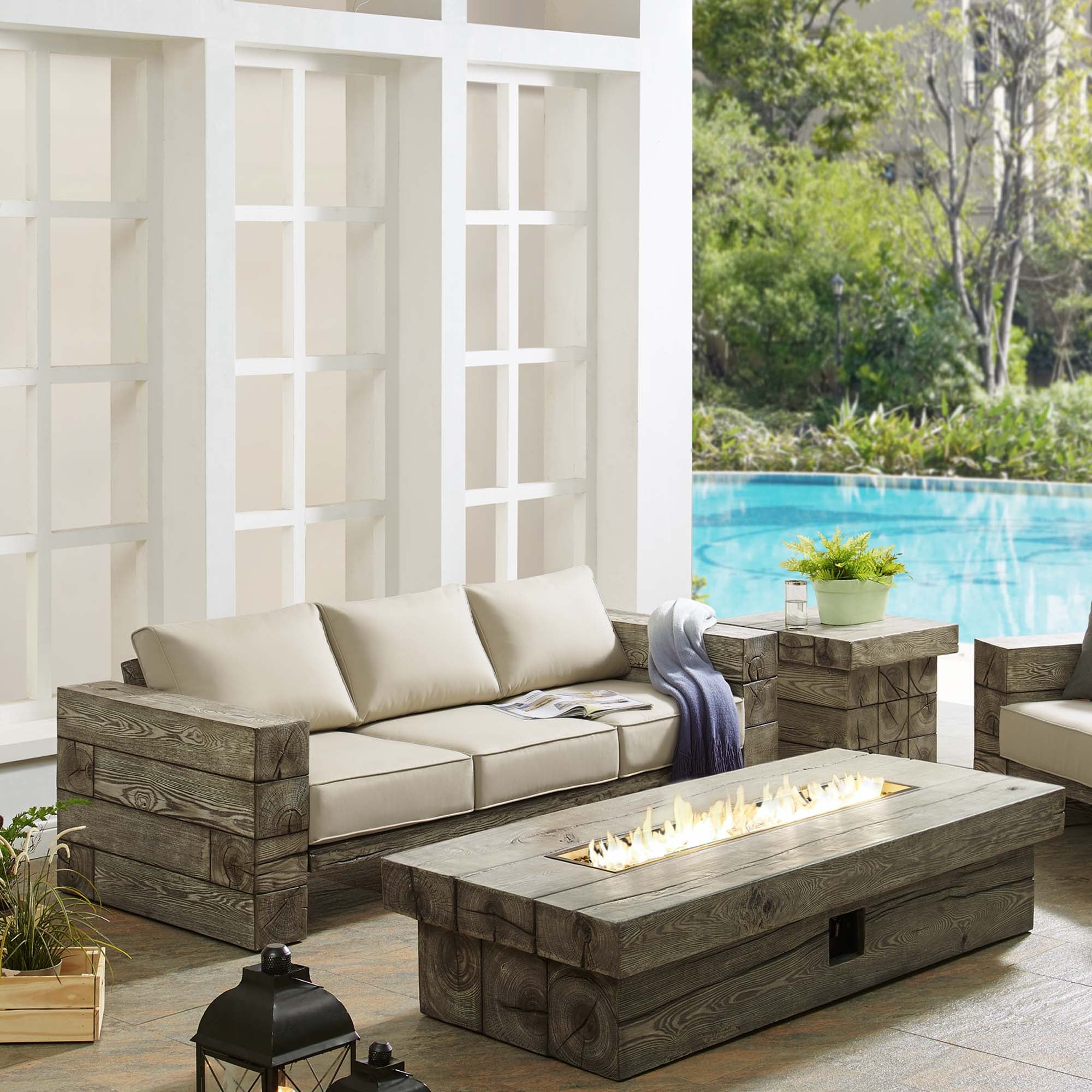 Manteo Rustic Coastal Outdoor Patio Sunbrella® Sofa and Fire Pit Set in Light Gray Beige