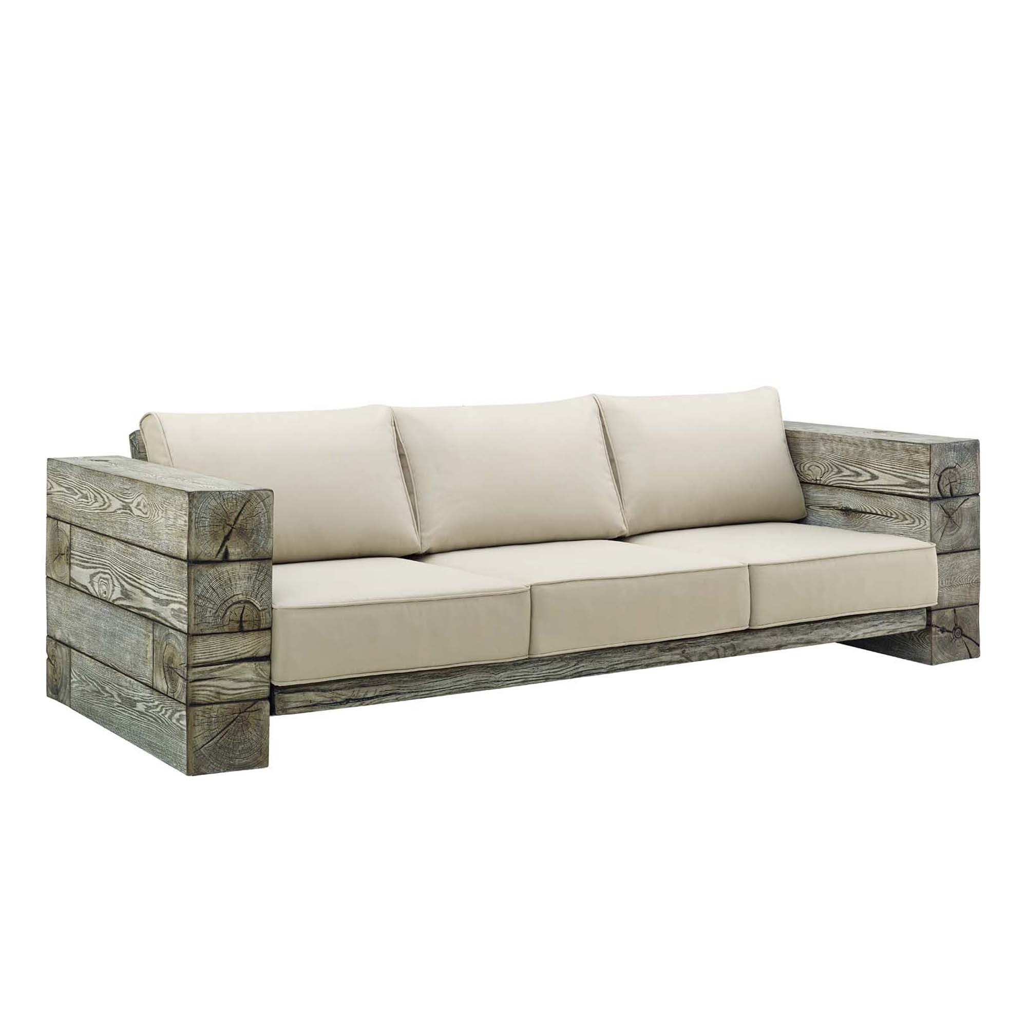 Manteo Rustic Coastal Outdoor Patio Sunbrella® Sofa and Fire Pit Set in Light Gray Beige