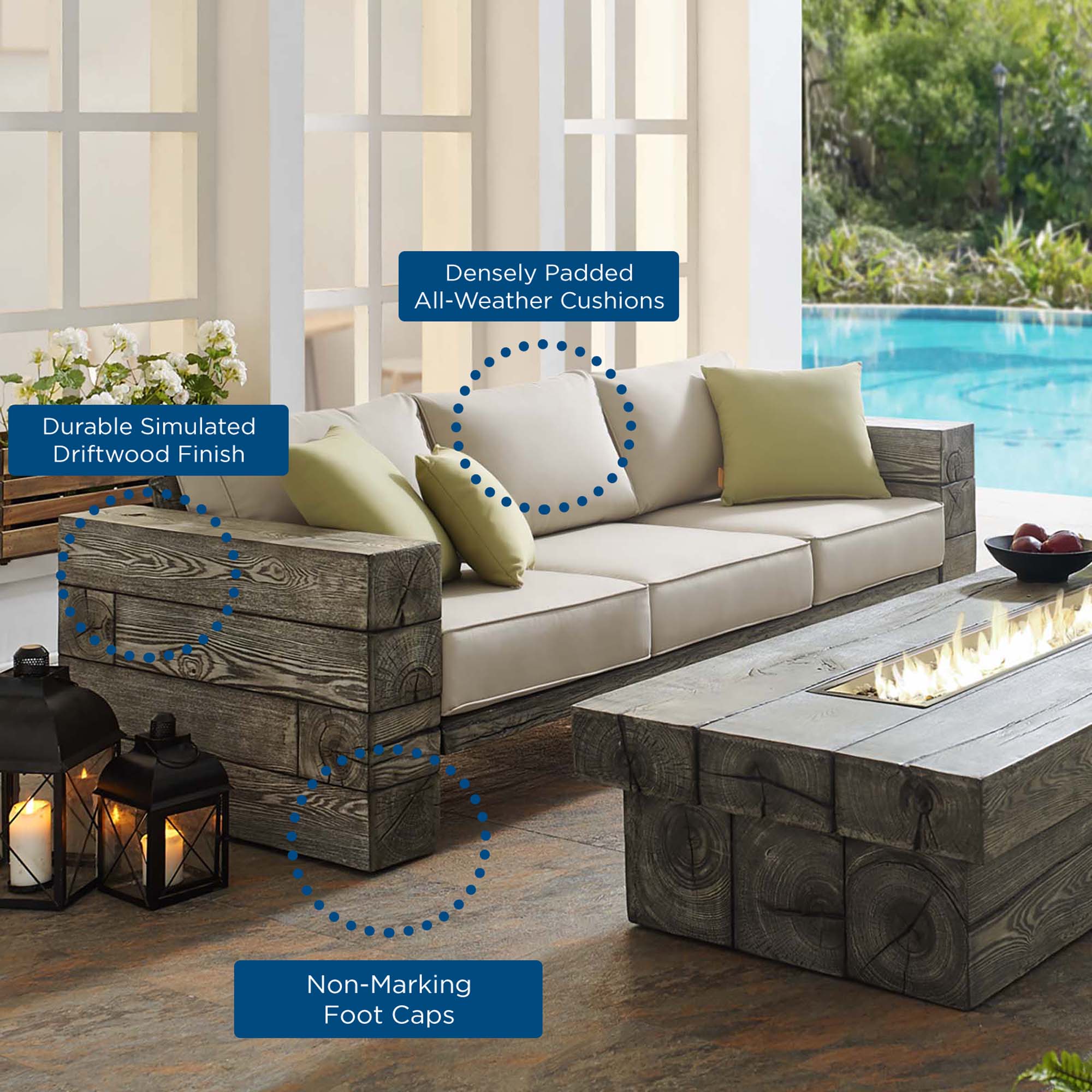 Manteo Rustic Coastal Outdoor Patio Sunbrella® Sofa and Fire Pit Set in Light Gray Beige