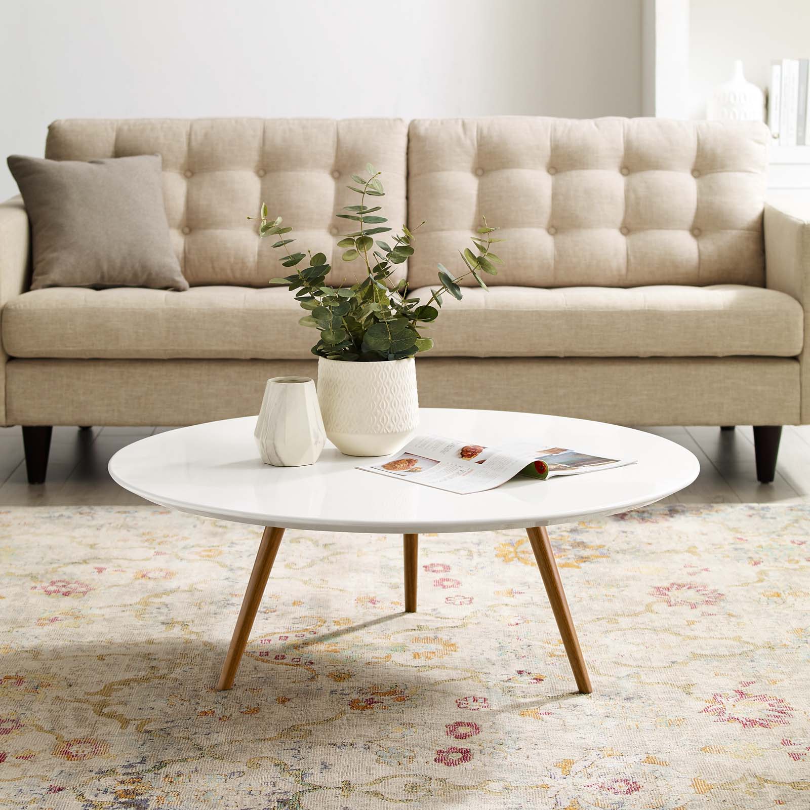 Round Wood Coffee Table with Tripod Base