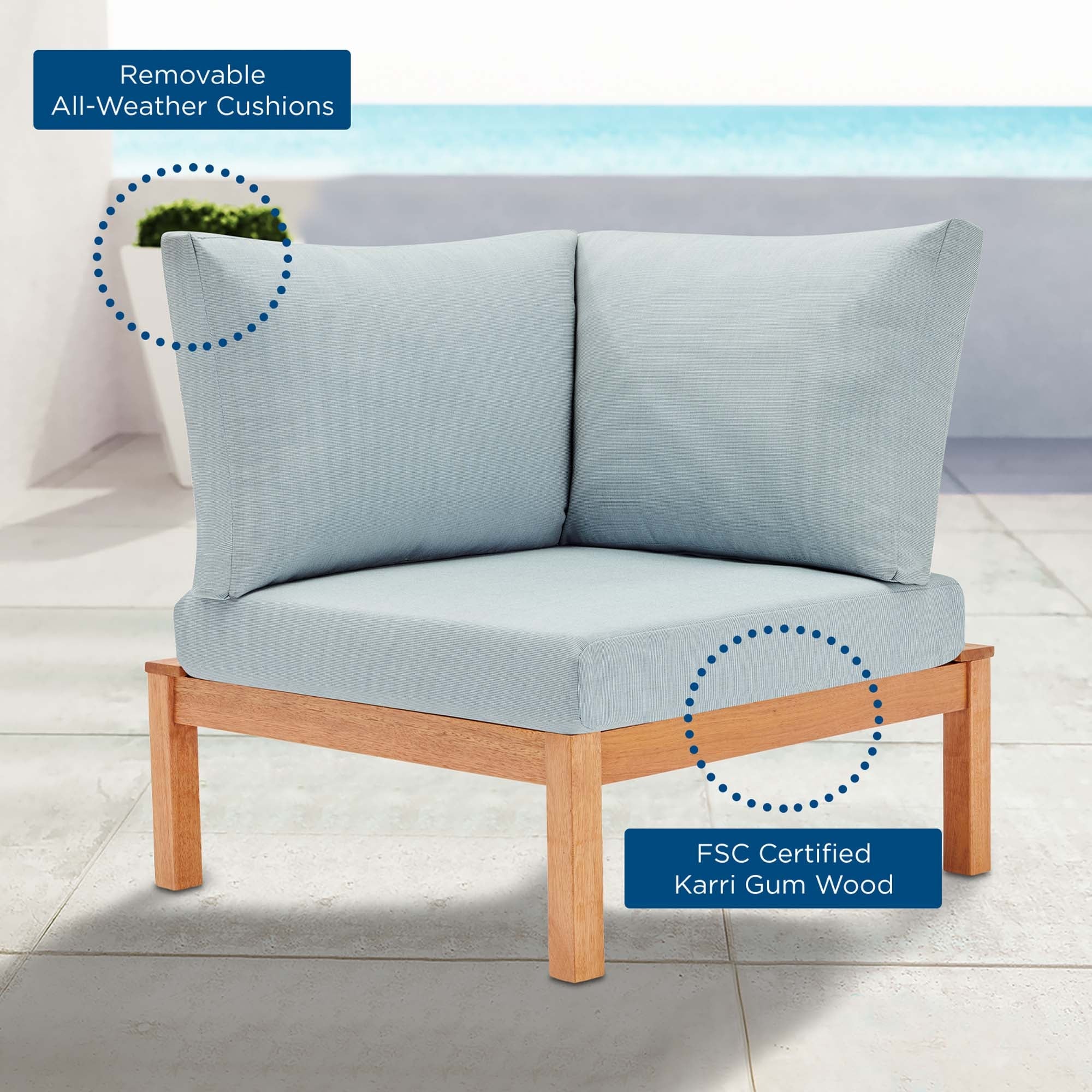 Freeport Karri Wood Sectional Sofa Outdoor Patio Corner Chair in Natural Light Blue