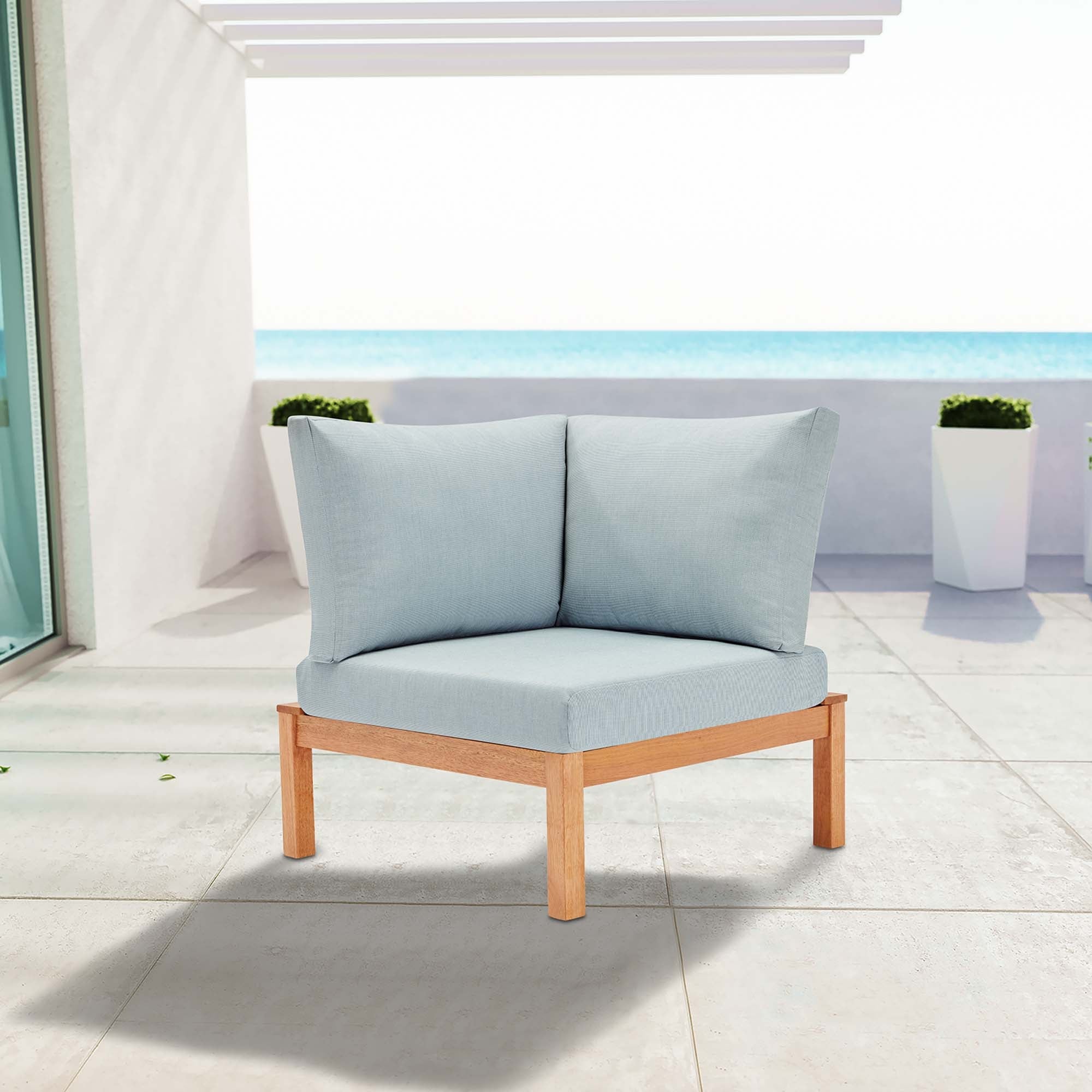 Freeport Karri Wood Sectional Sofa Outdoor Patio Corner Chair in Natural Light Blue