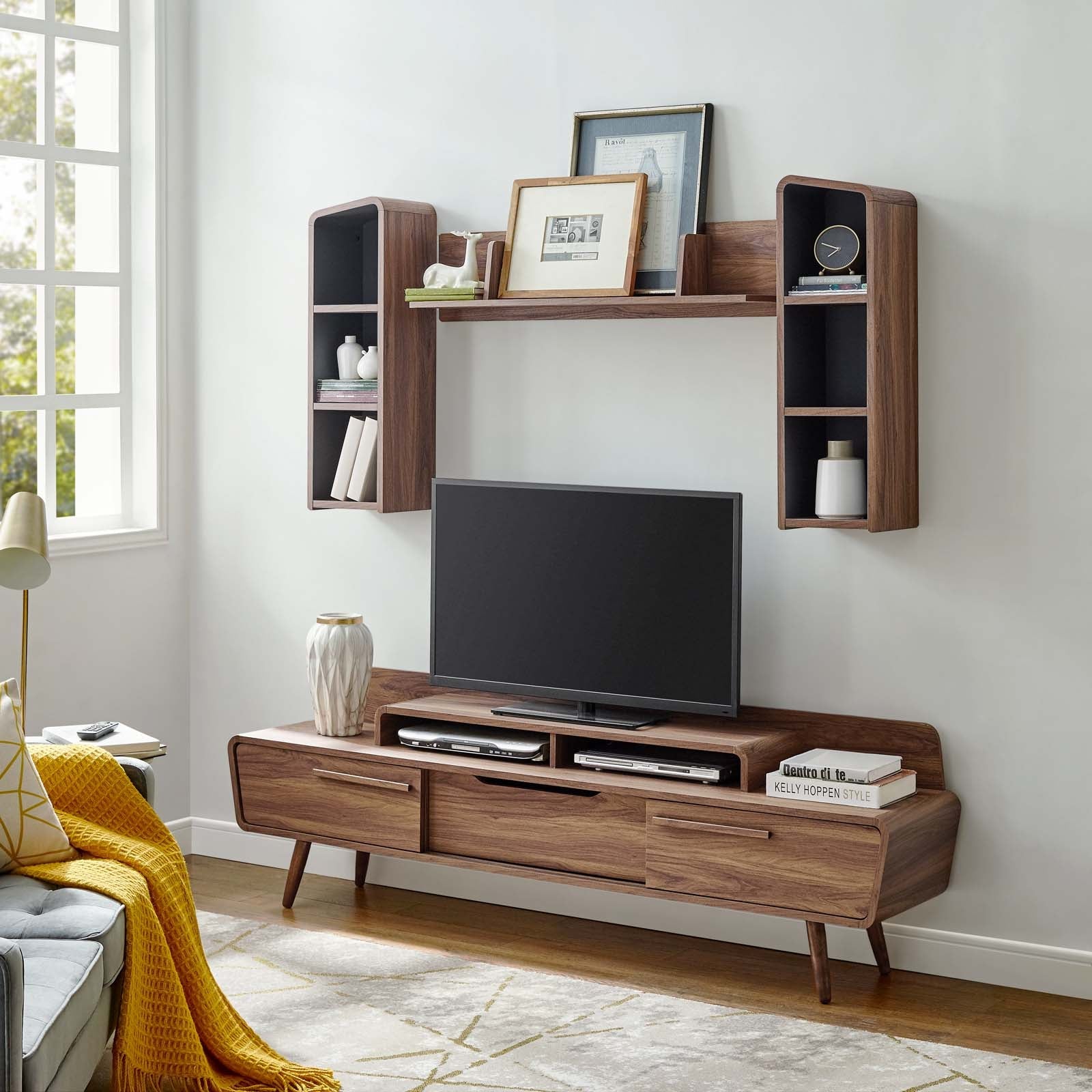 Omnistand 2 Piece Entertainment Center in Walnut Gray