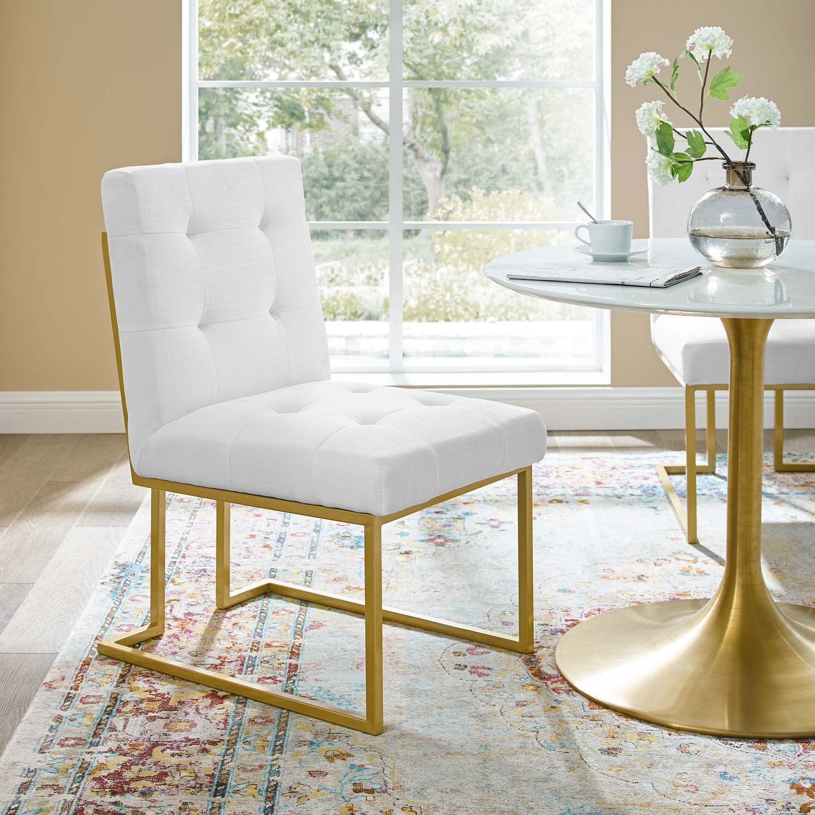 Privy Gold Stainless Steel Upholstered Fabric Dining Accent Chair