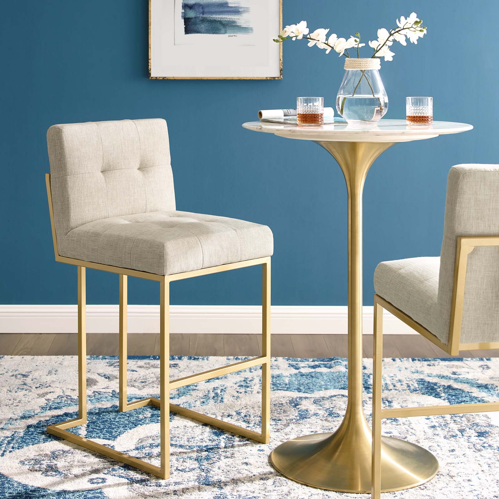 Privy Gold Stainless Steel Upholstered Fabric Bar Stool