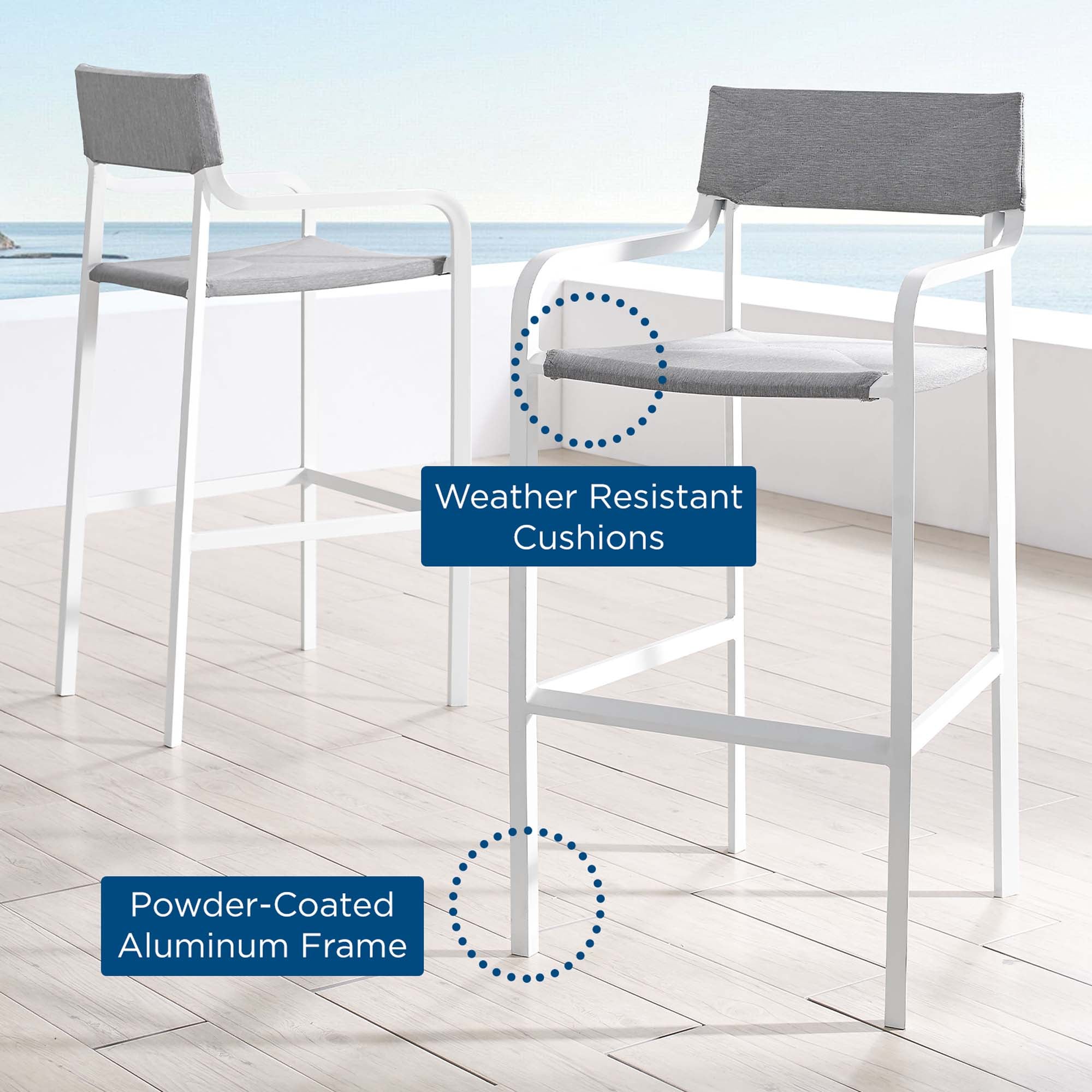 Raleigh Outdoor Patio Aluminum Bar Stool Set of 2 in White Gray