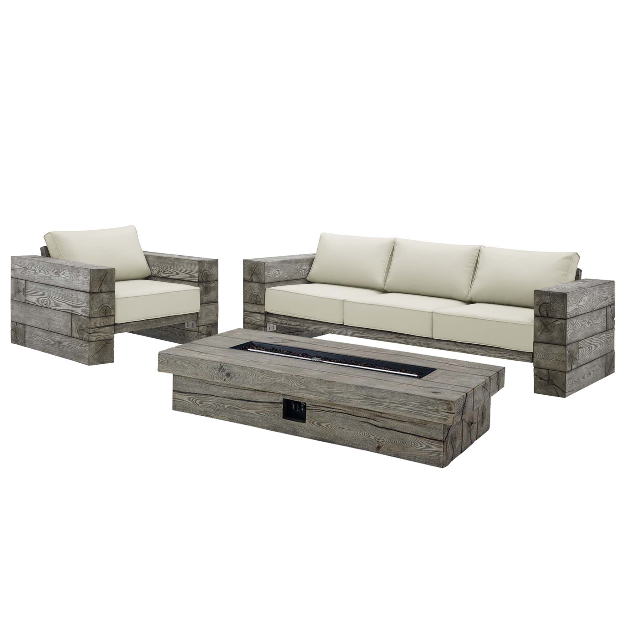 Manteo Rustic Coastal Outdoor Patio Sunbrella® Sofa and Fire Pit Set in Light Gray Beige