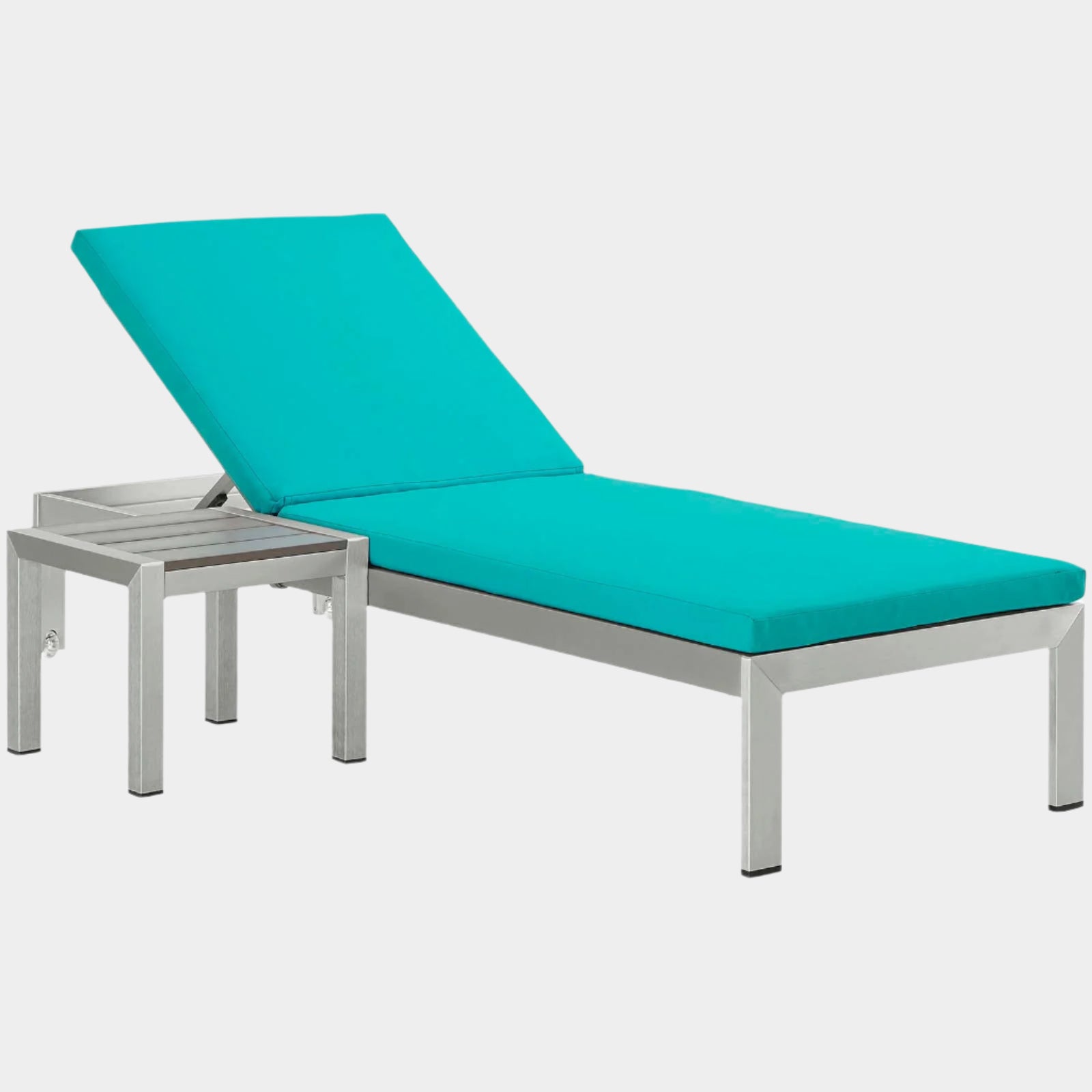 Shore Outdoor Patio Aluminum Chaise Lounge Chair and Side Table in Silver Black Turquoise