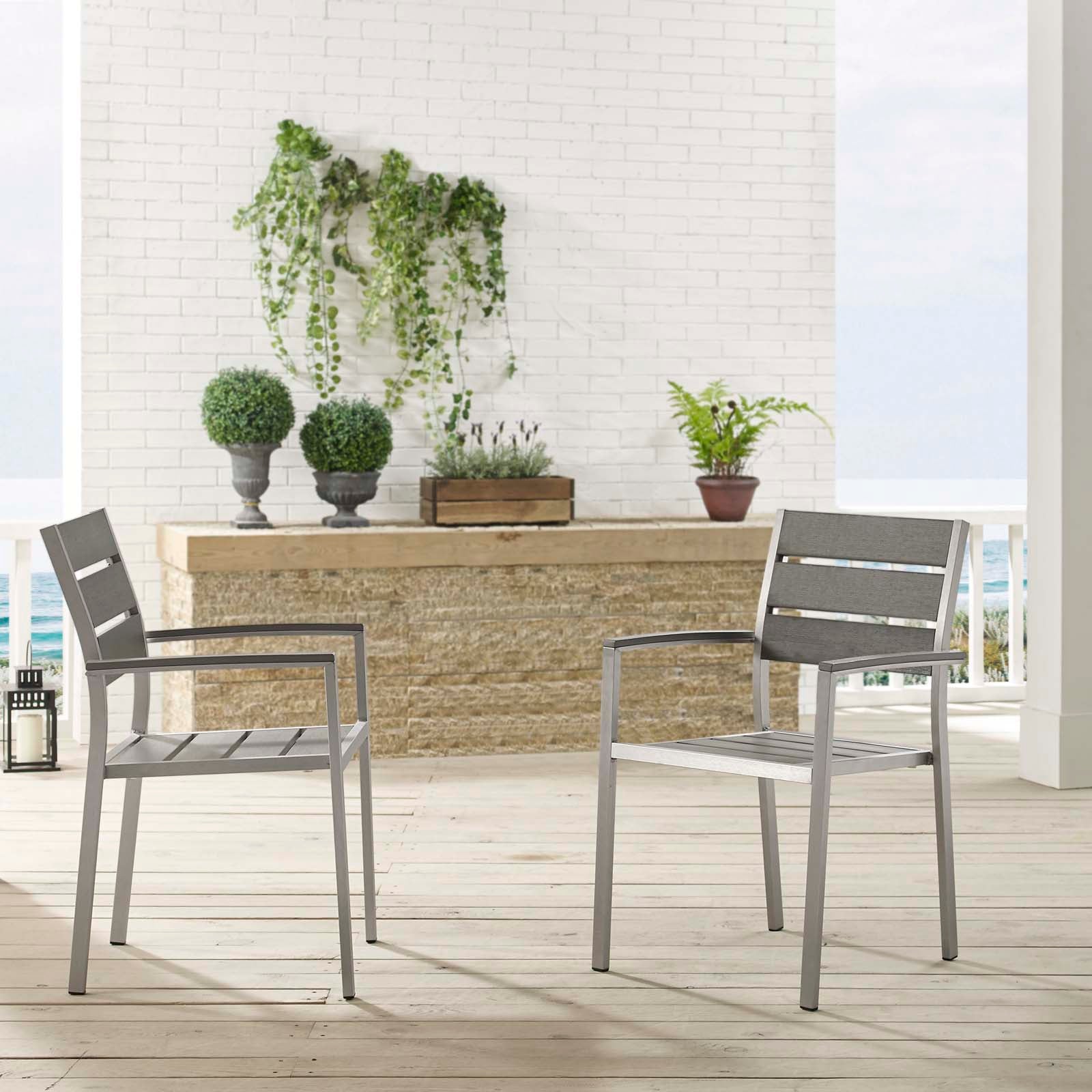 Shore Outdoor Patio Aluminum Dining Armchair Set of 2 in Silver Gray