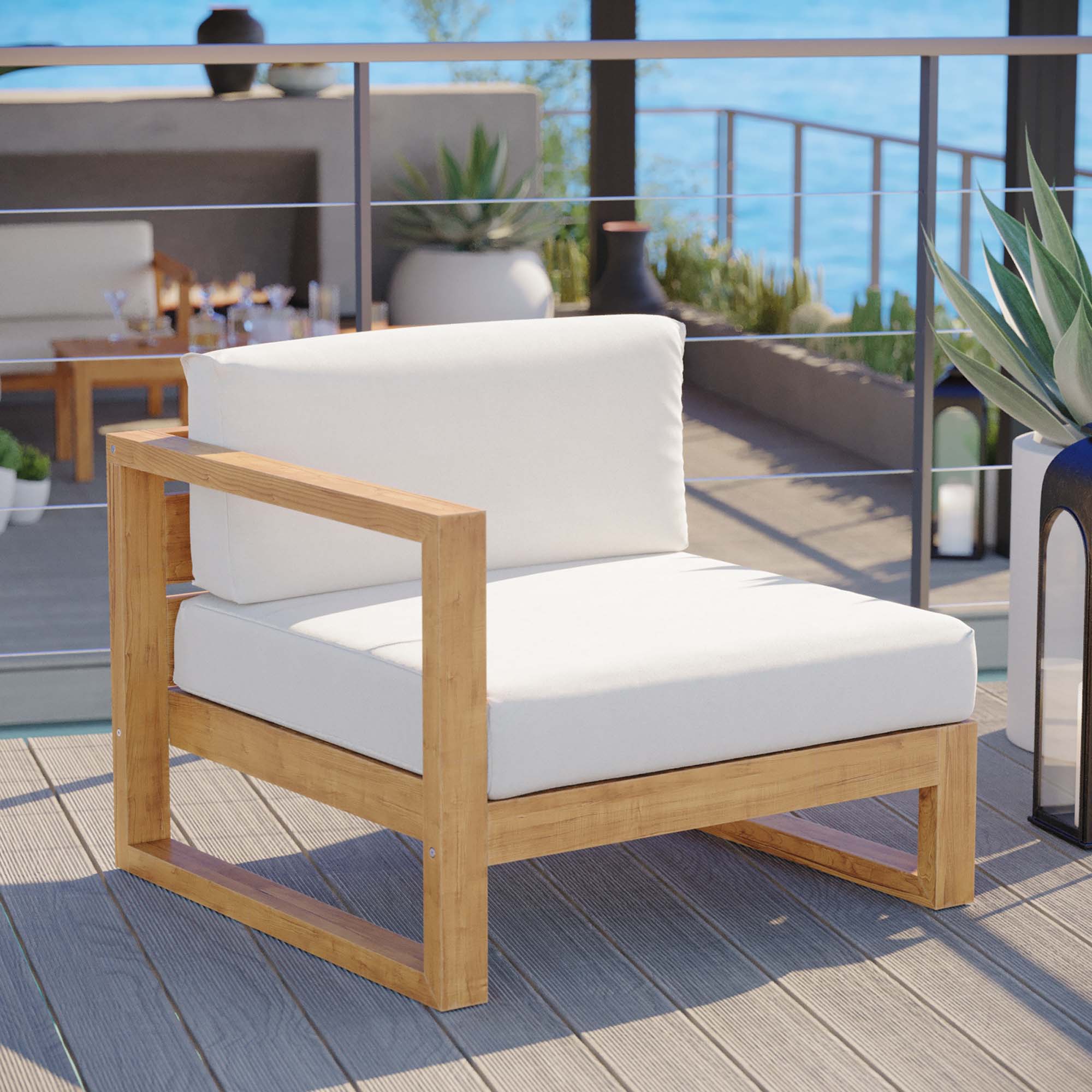 Upland Outdoor Patio Teak Wood Left-Arm Chair in Natural White