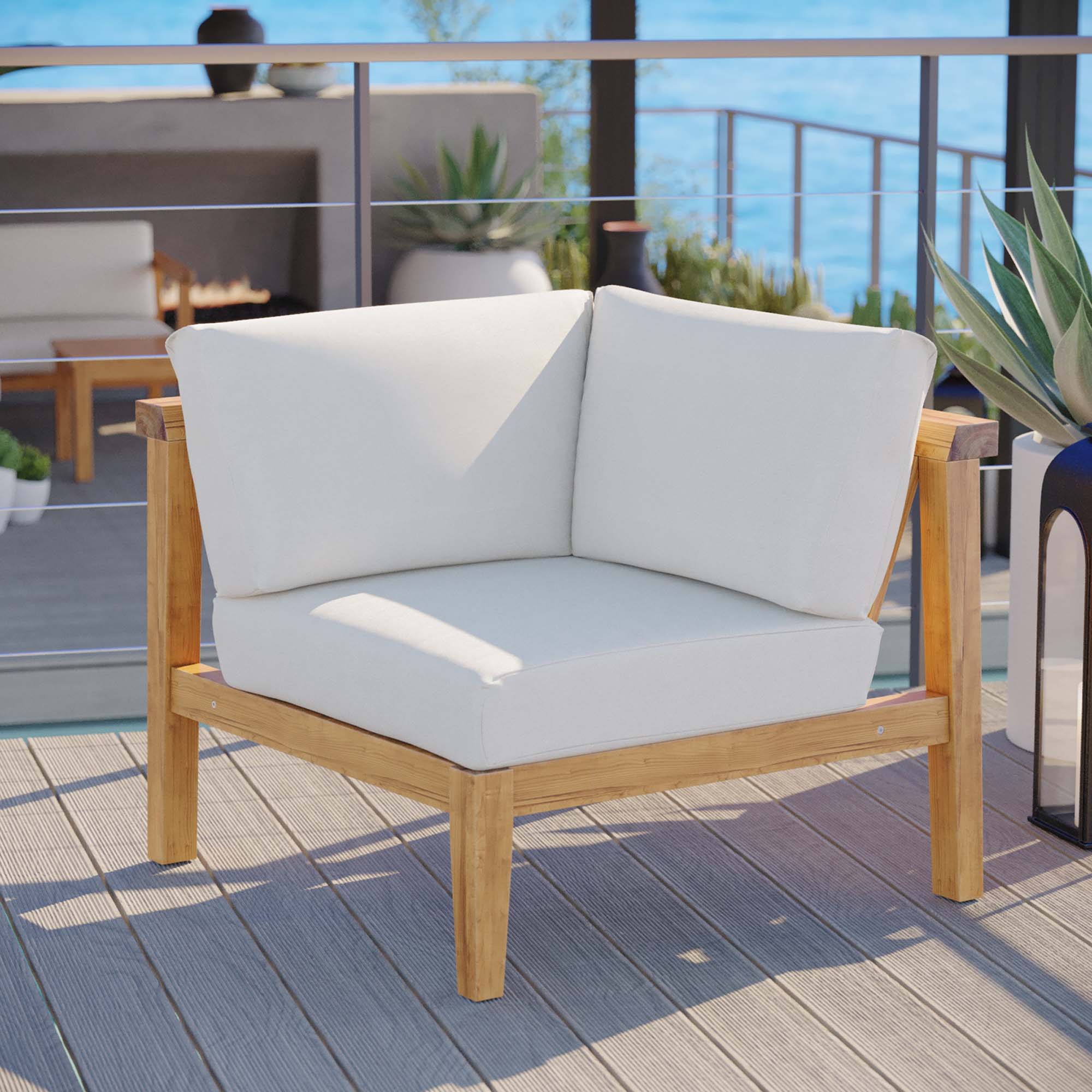 Bayport Outdoor Patio Teak Wood Corner Chair in Natural White