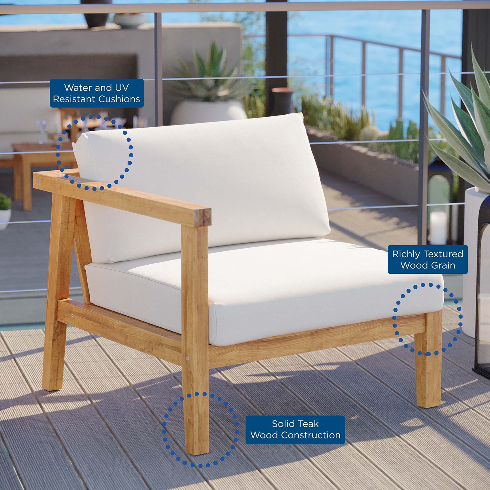 Bayport Outdoor Patio Teak Wood Left-Arm Chair in Natural White