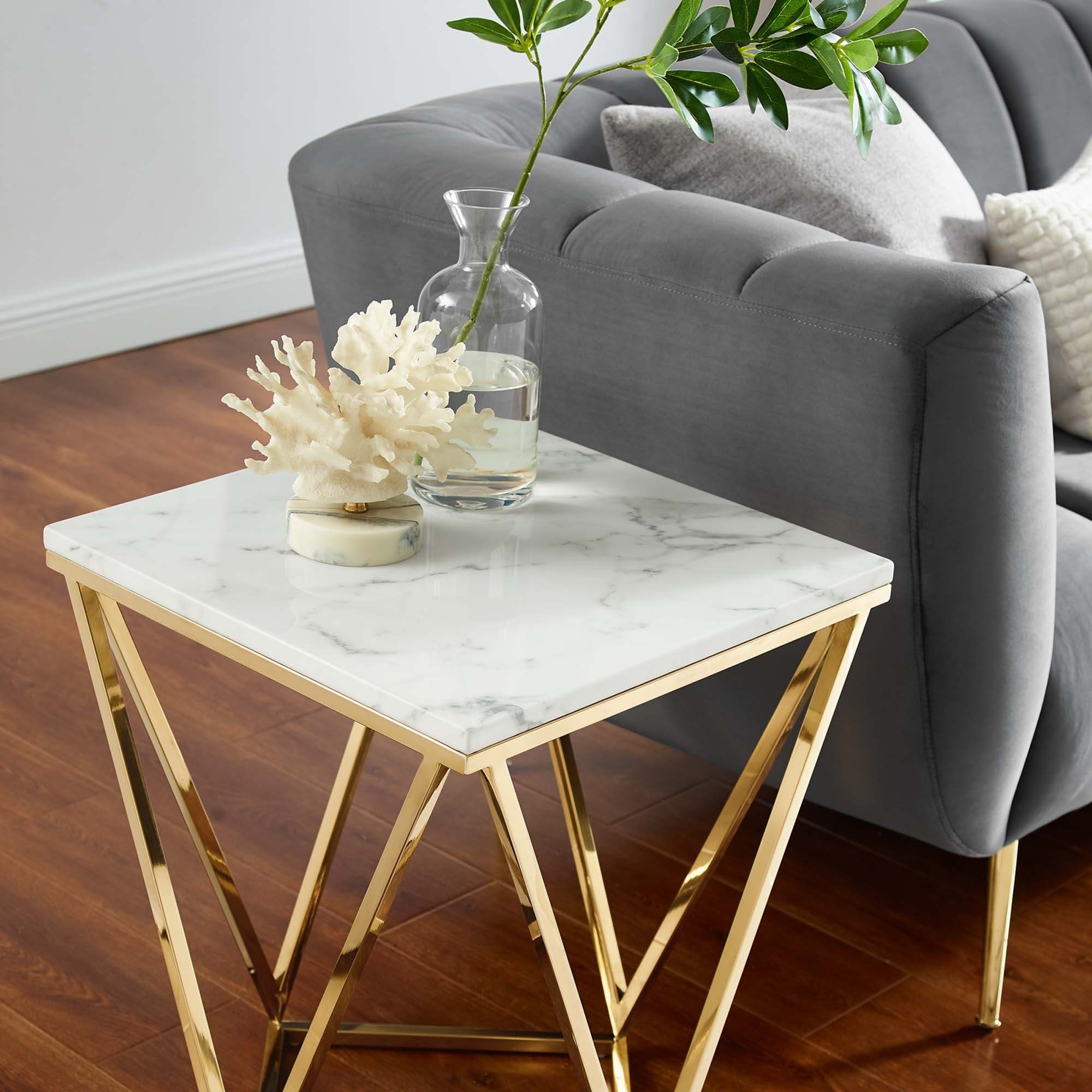 Vertex Gold Metal Stainless Steel End Table in Gold White