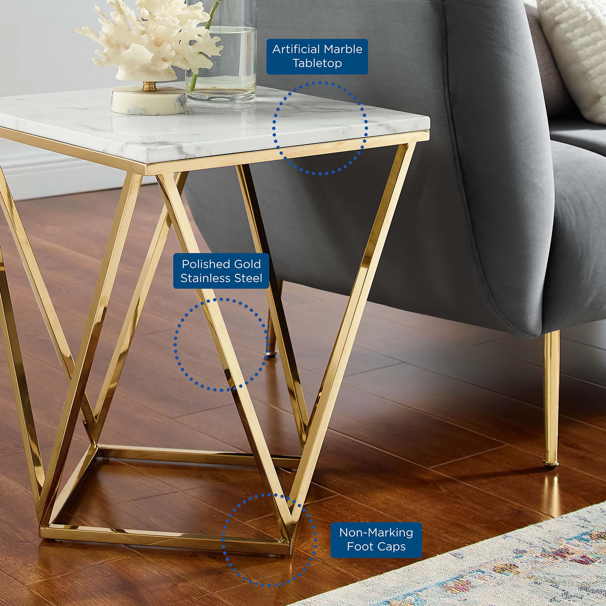 Vertex Gold Metal Stainless Steel End Table in Gold White