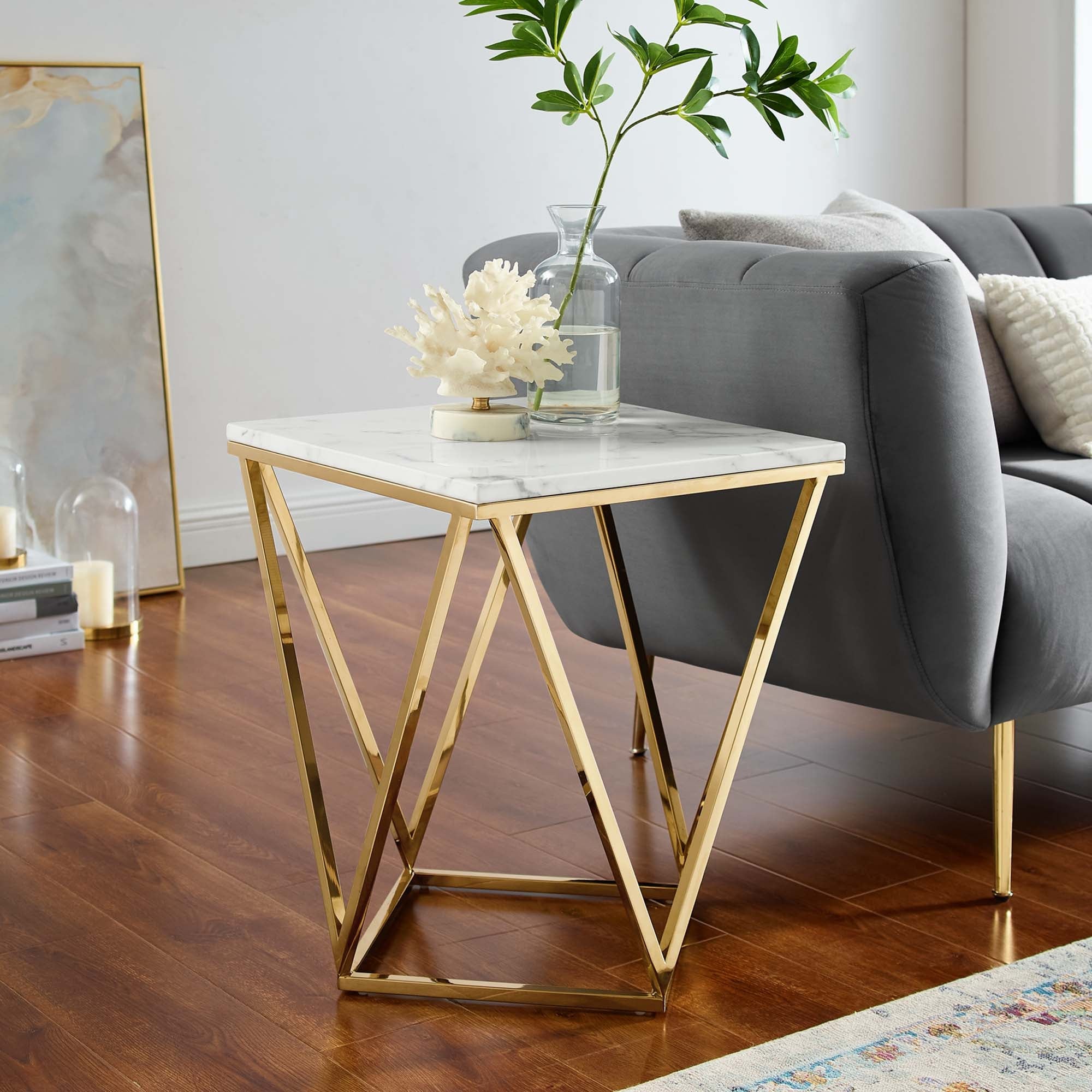 Vertex Gold Metal Stainless Steel End Table in Gold White