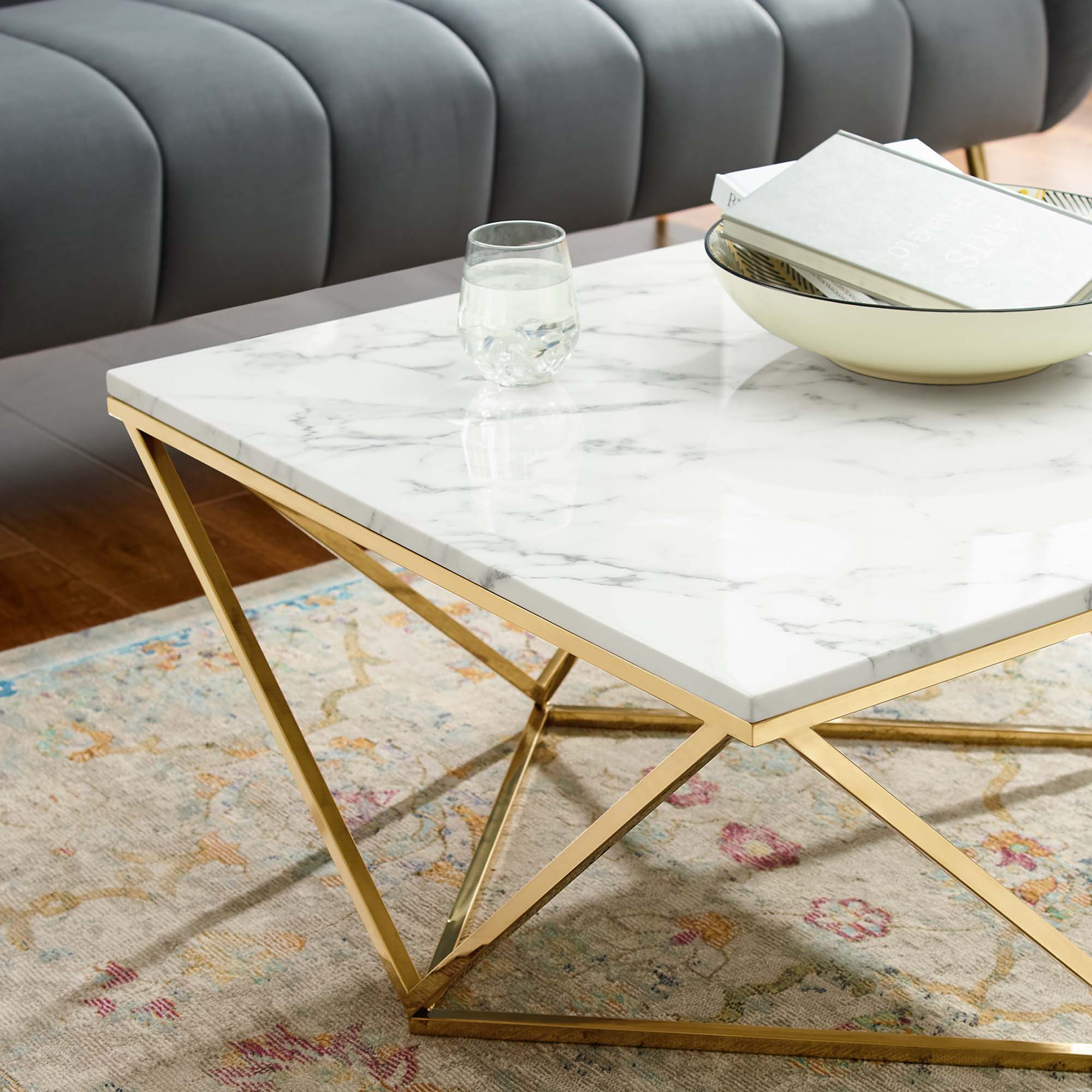 Vertex Gold Metal Stainless Steel Coffee Table in Gold White