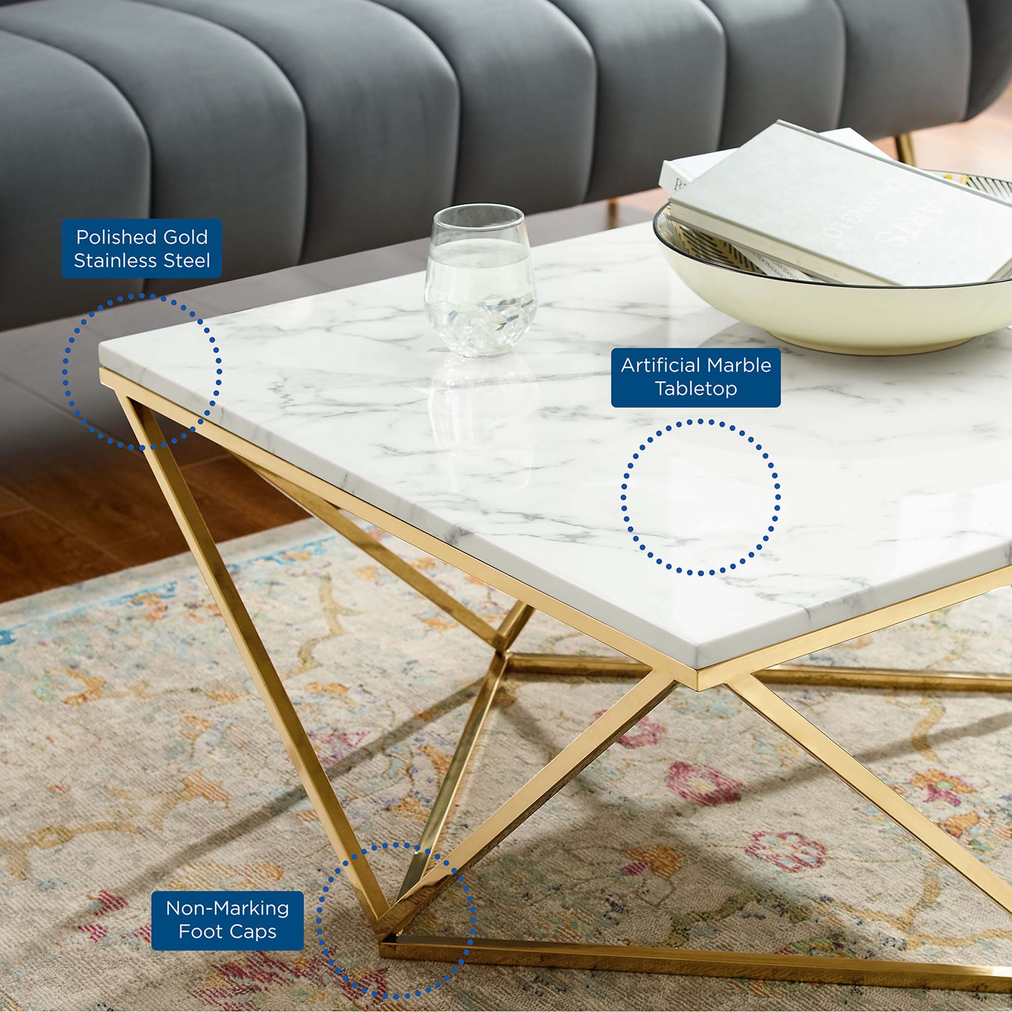 Vertex Gold Metal Stainless Steel Coffee Table in Gold White