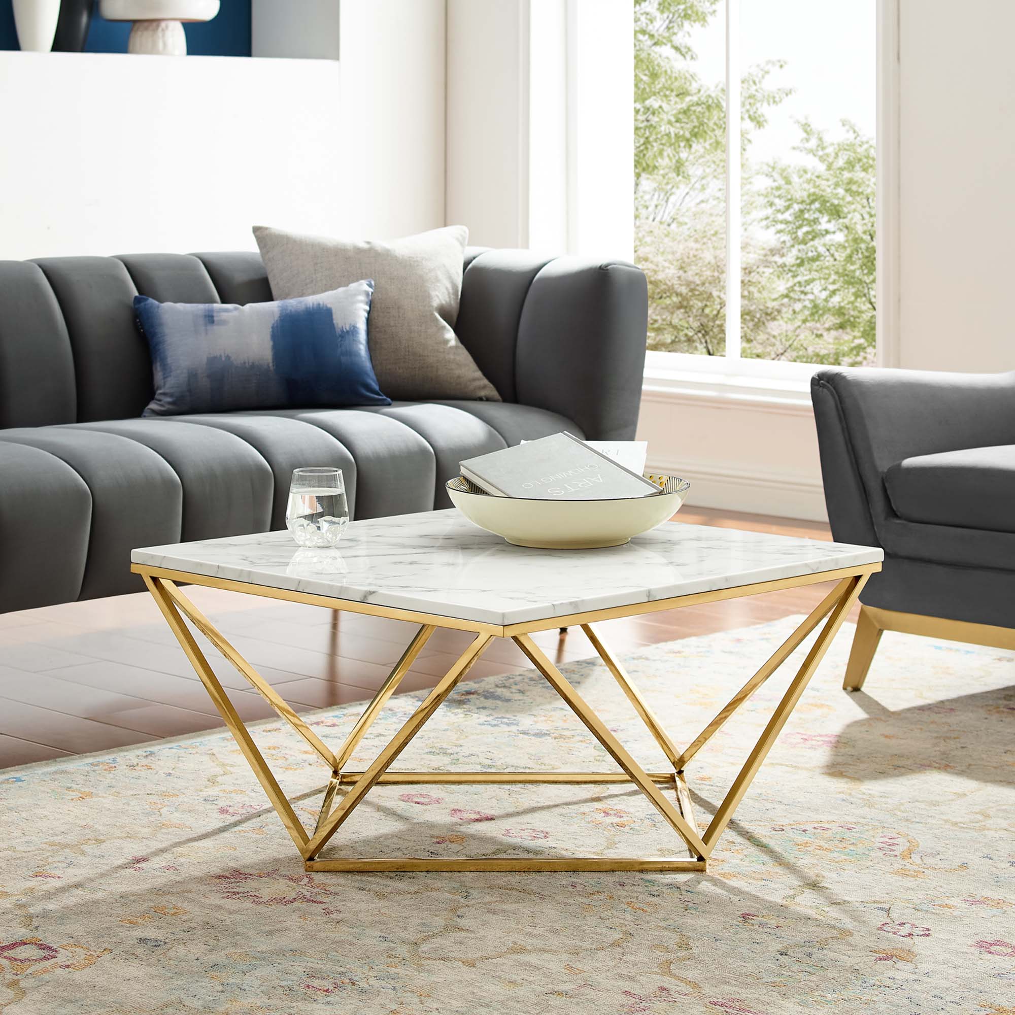 Vertex Gold Metal Stainless Steel Coffee Table in Gold White