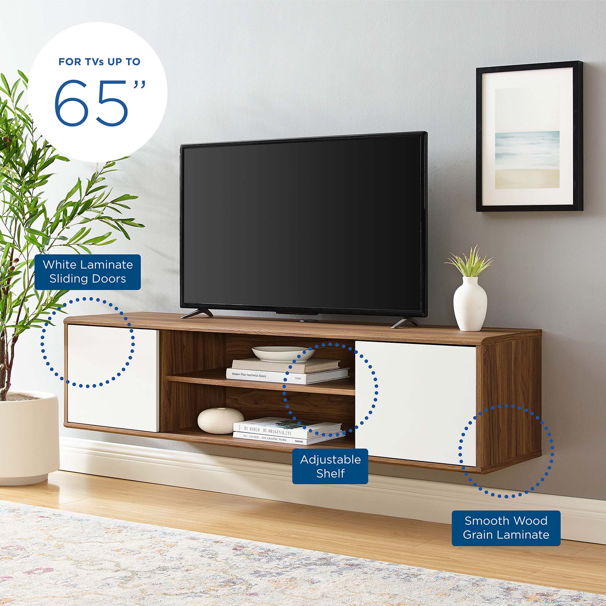 Envision 60" Wall Mount TV Stand in Walnut White