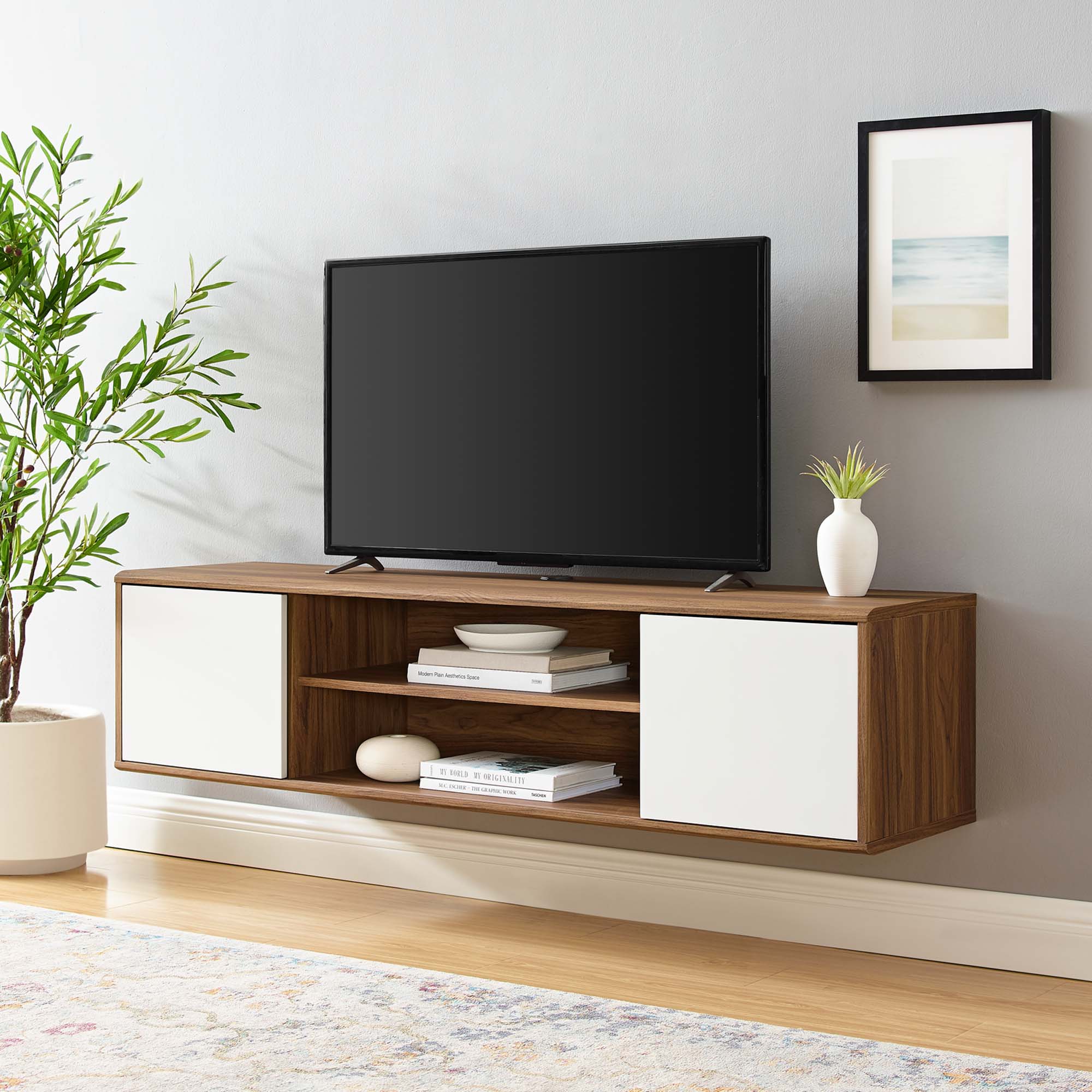 Envision 60" Wall Mount TV Stand in Walnut White