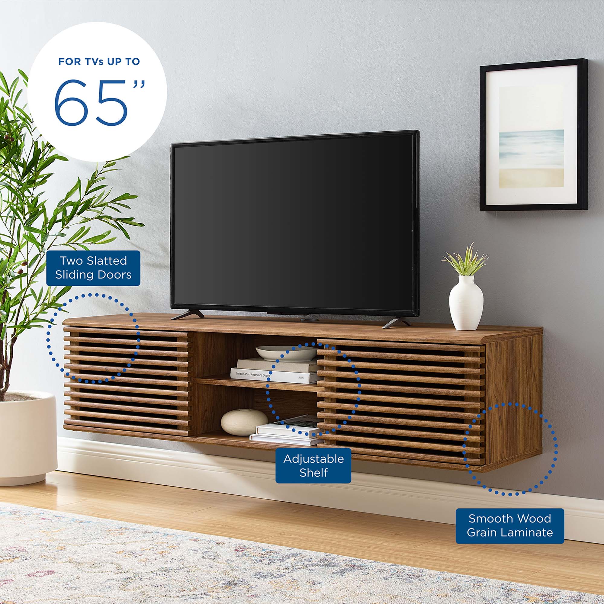 Render 60" Wall-Mount Media Console TV Stand in Walnut