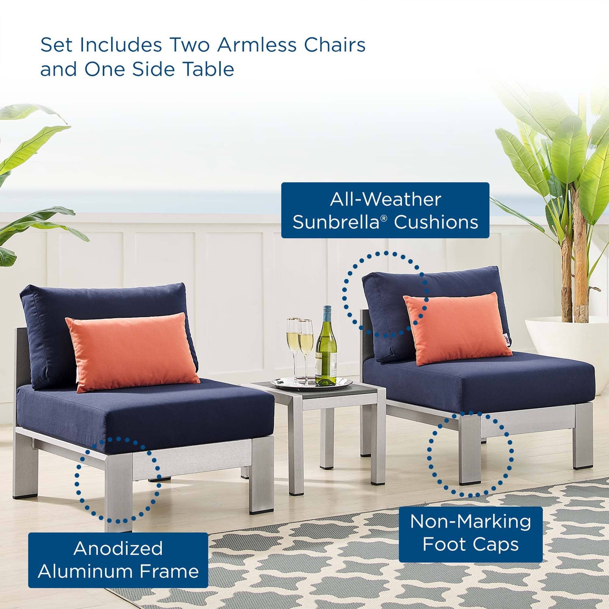 Shore 3 Piece Sunbrella® Fabric Outdoor Patio Aluminum Set