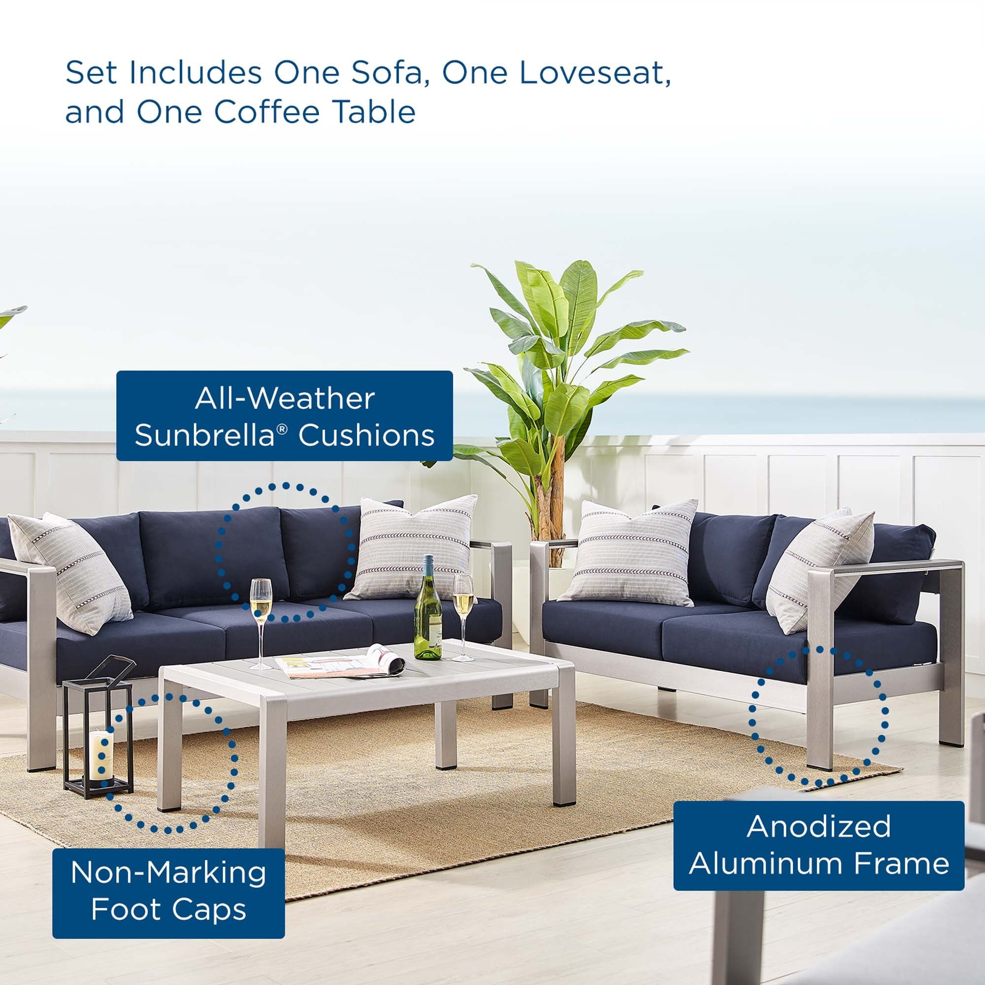 Shore 3 Piece Sunbrella® Fabric Outdoor Patio Aluminum Set