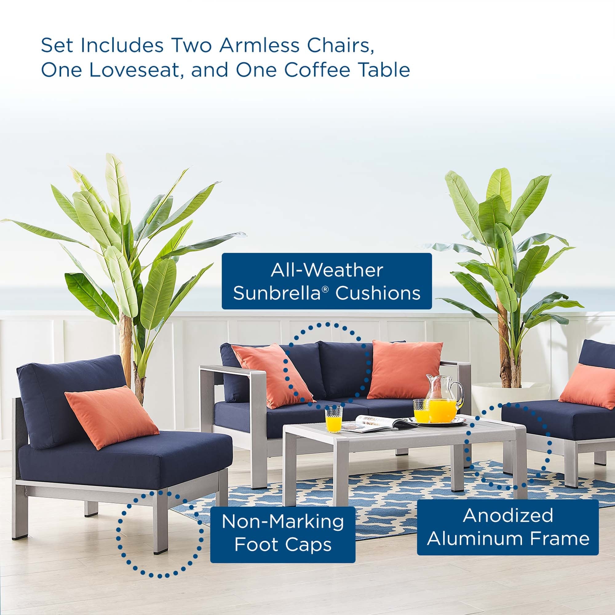 Shore 4 Piece Sunbrella® Fabric Outdoor Patio Aluminum Set in Silver Navy