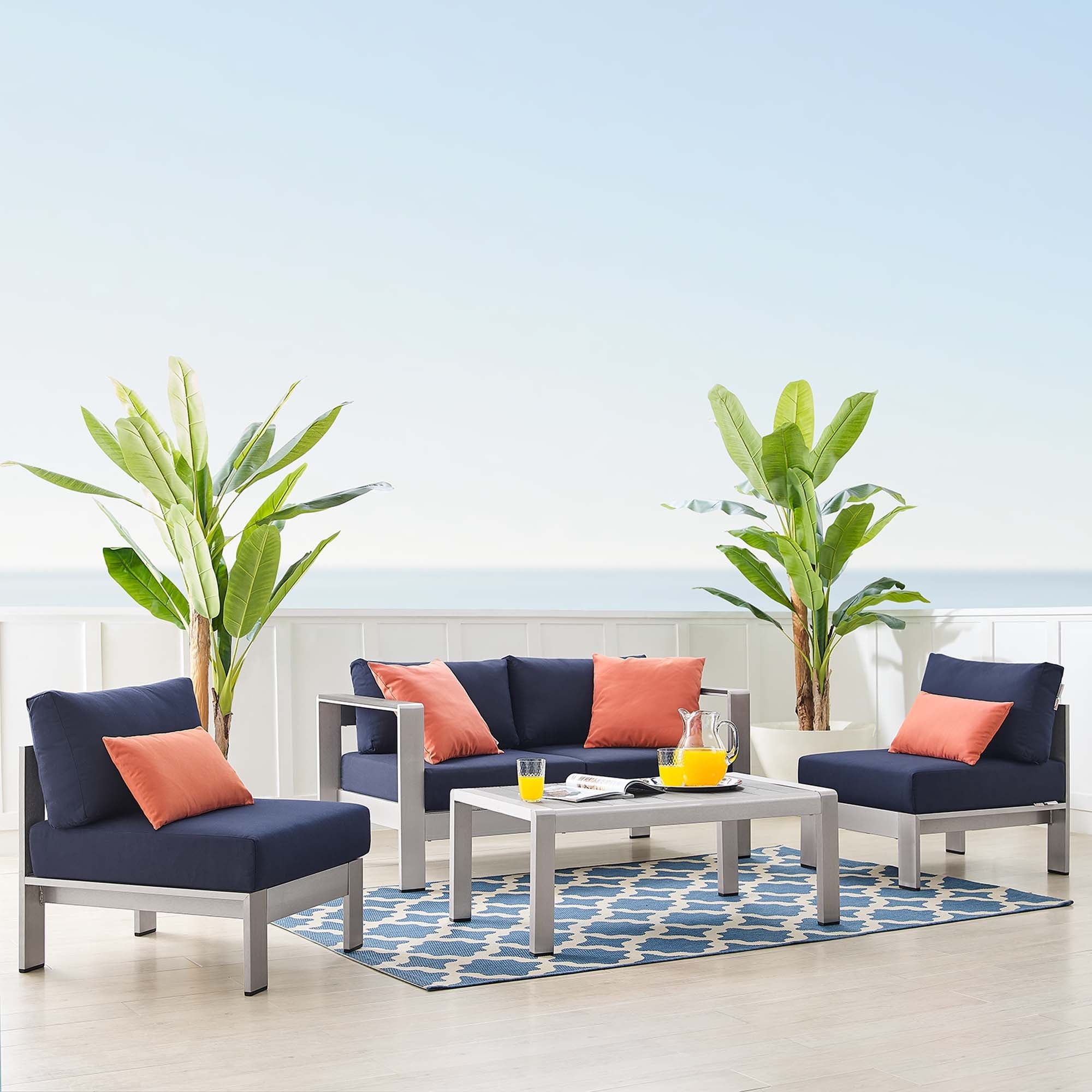 Shore 4 Piece Sunbrella® Fabric Outdoor Patio Aluminum Set in Silver Navy