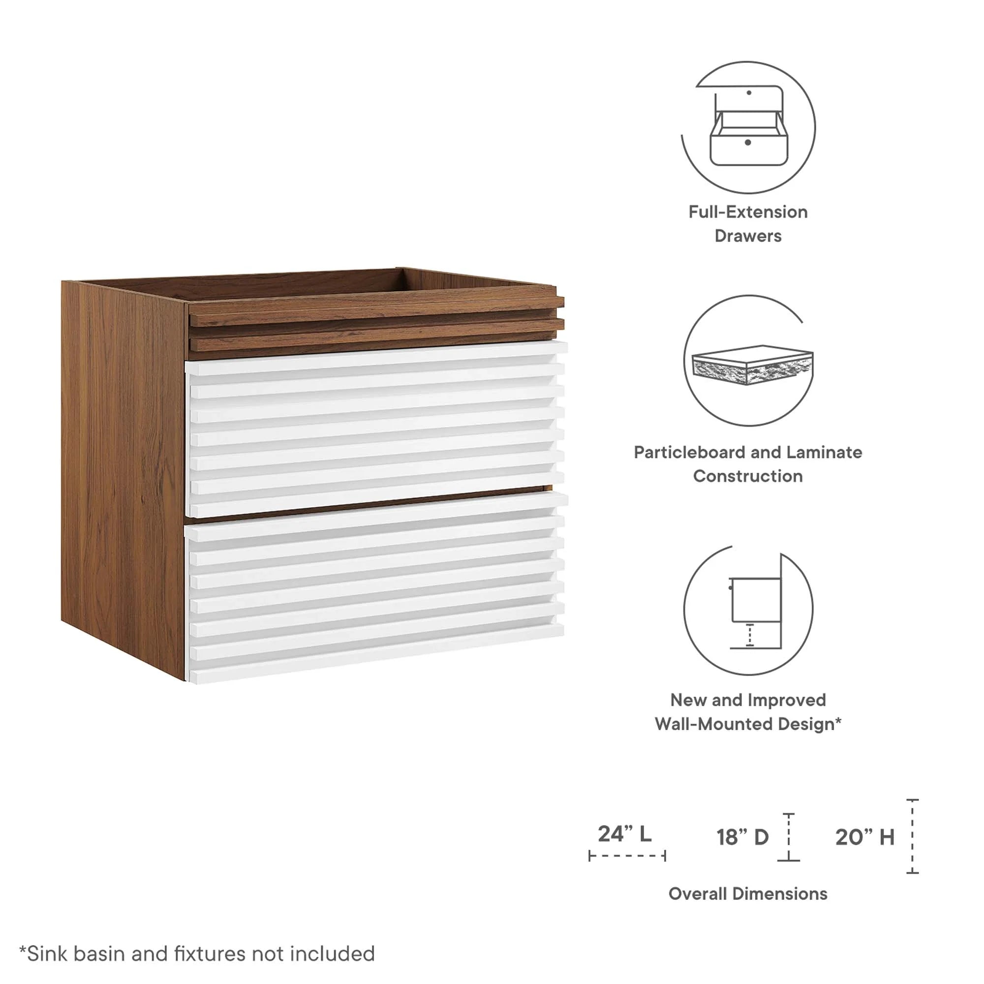 Meuble-lavabo mural pour salle de bain avec lavabo non inclus