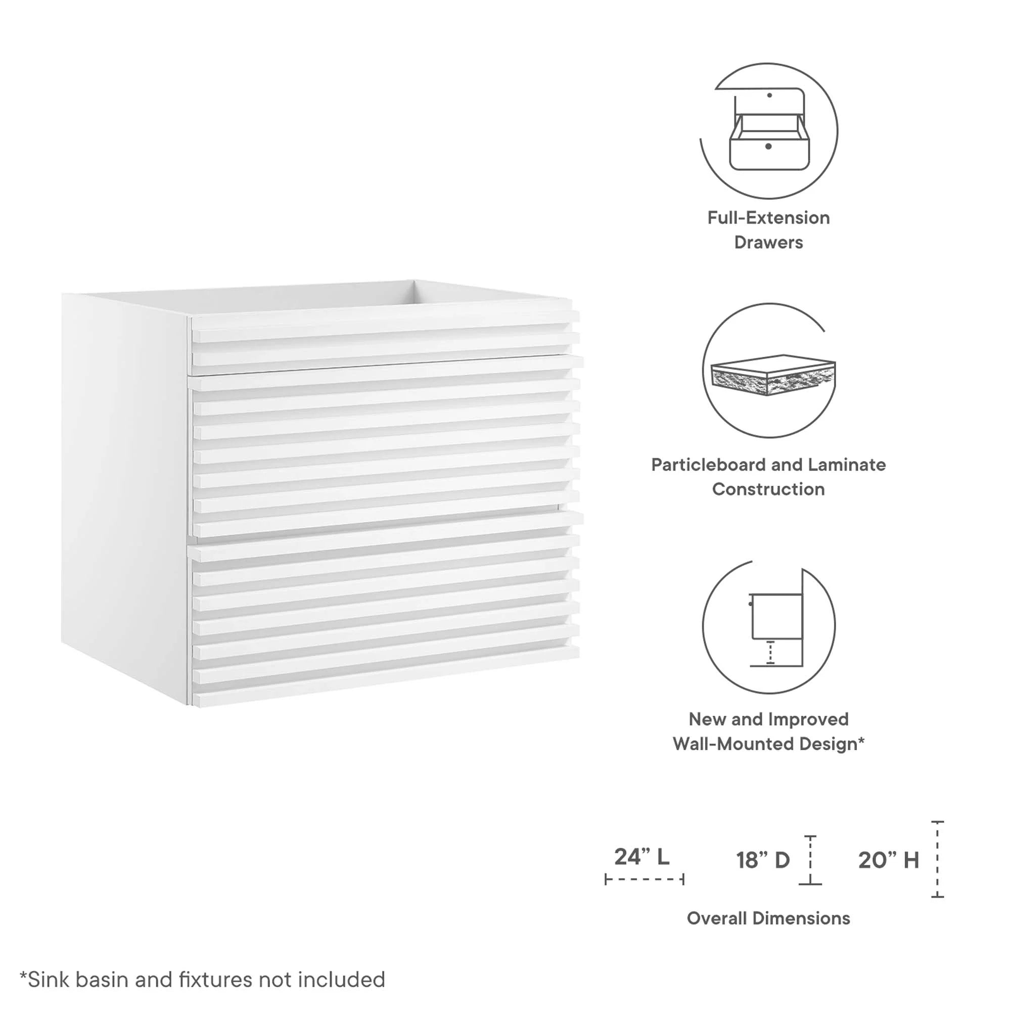 Meuble-lavabo mural pour salle de bain avec lavabo non inclus