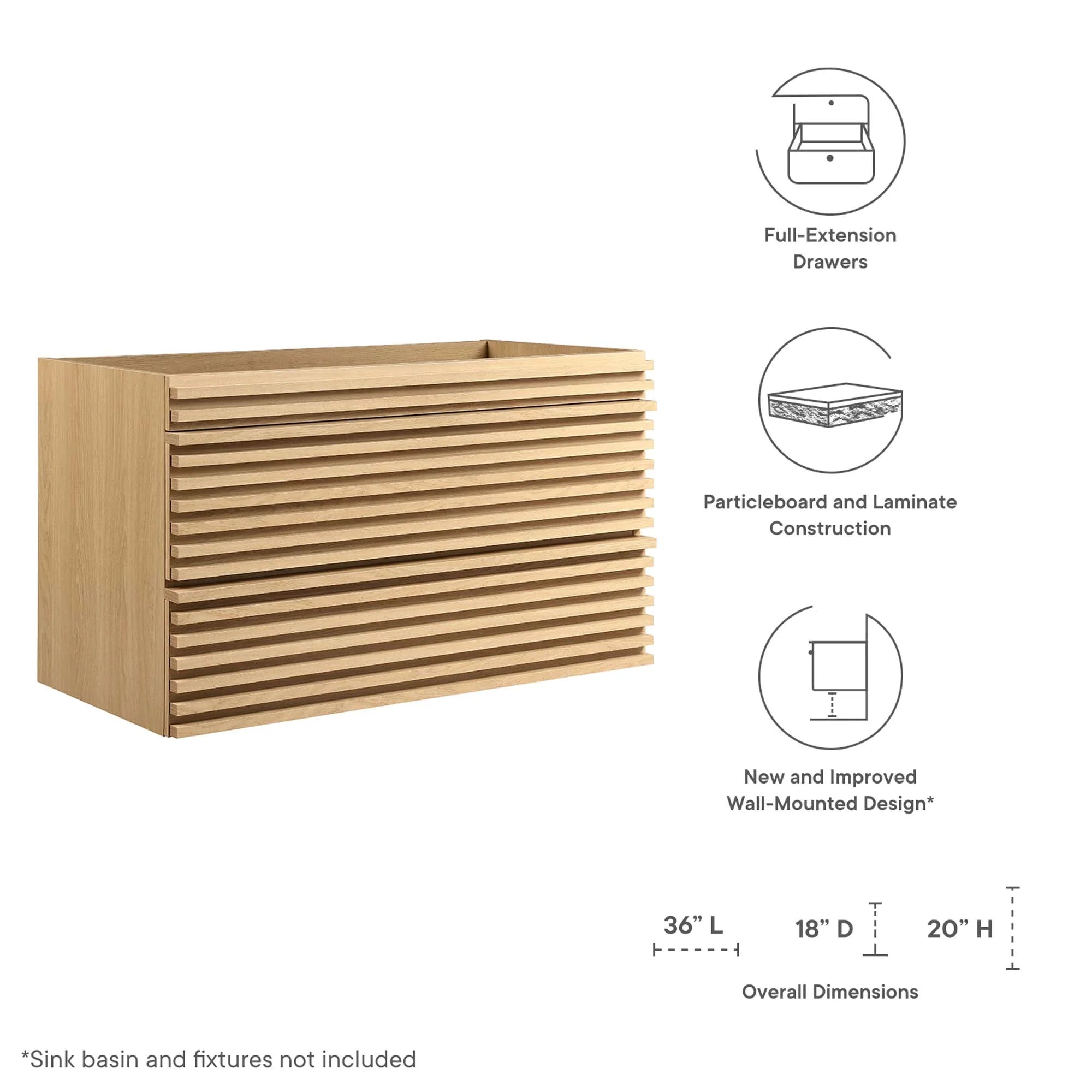 Meuble-lavabo mural pour salle de bain avec lavabo non inclus