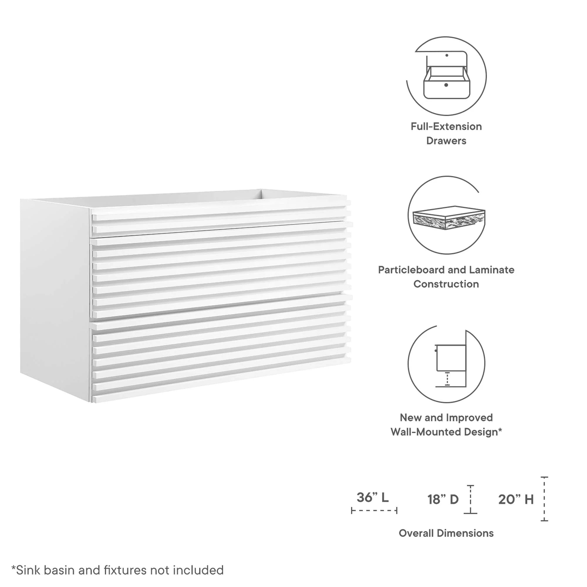 Meuble-lavabo mural pour salle de bain avec lavabo non inclus