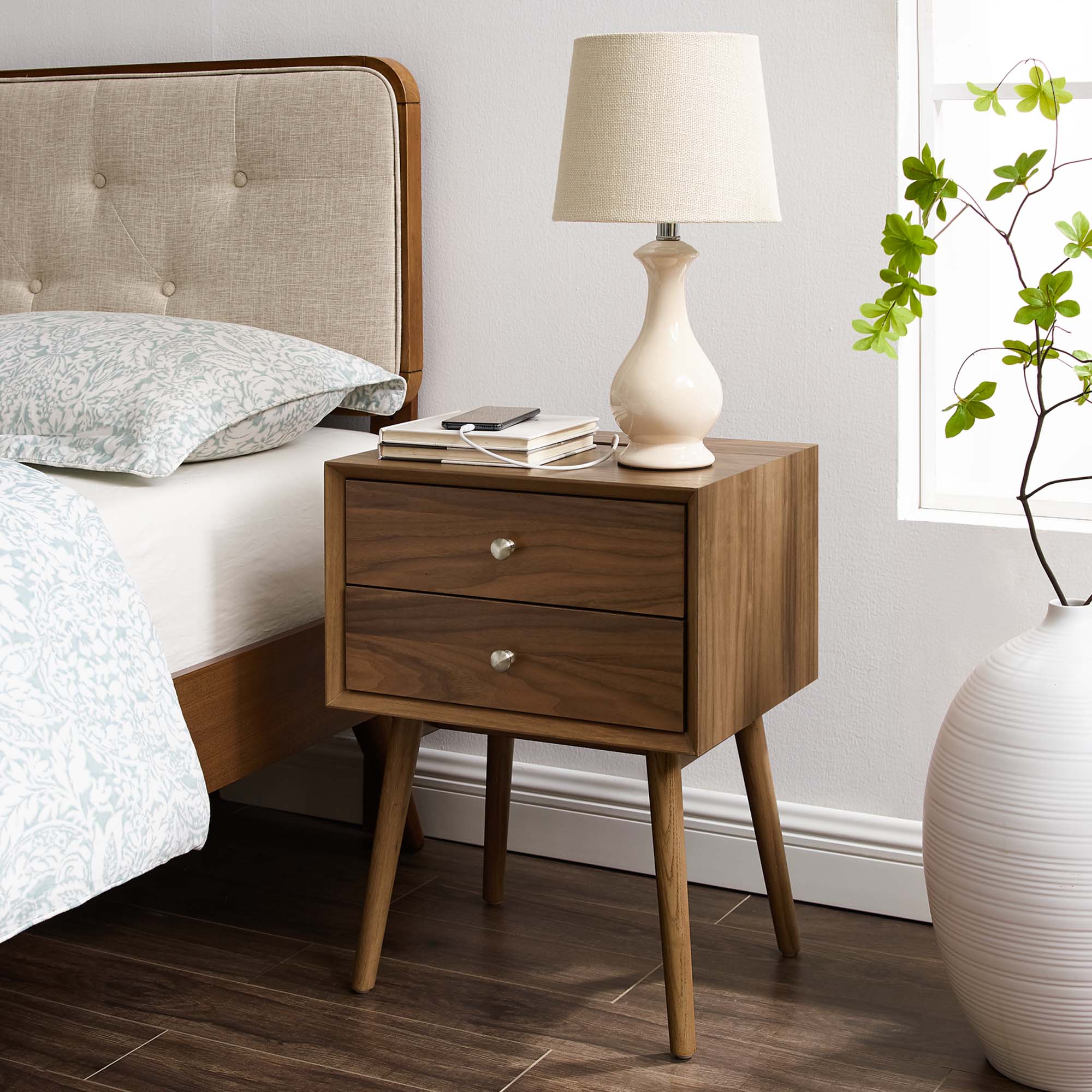 Ember Wood Nightstand With USB Ports in Walnut Walnut